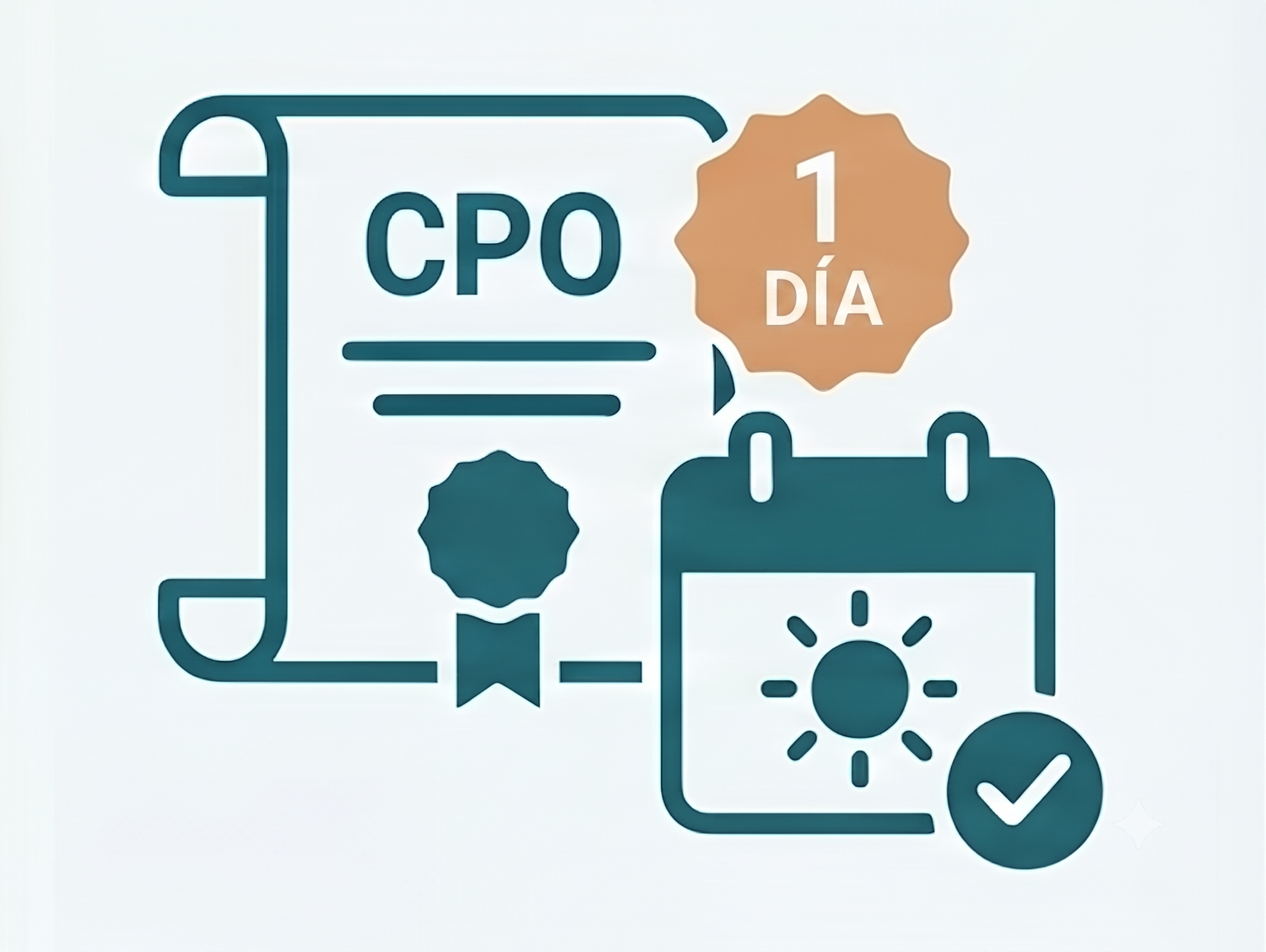 Certificado CPO con un ícono de calendario de 1 día que representa un curso de certificación de un solo día.