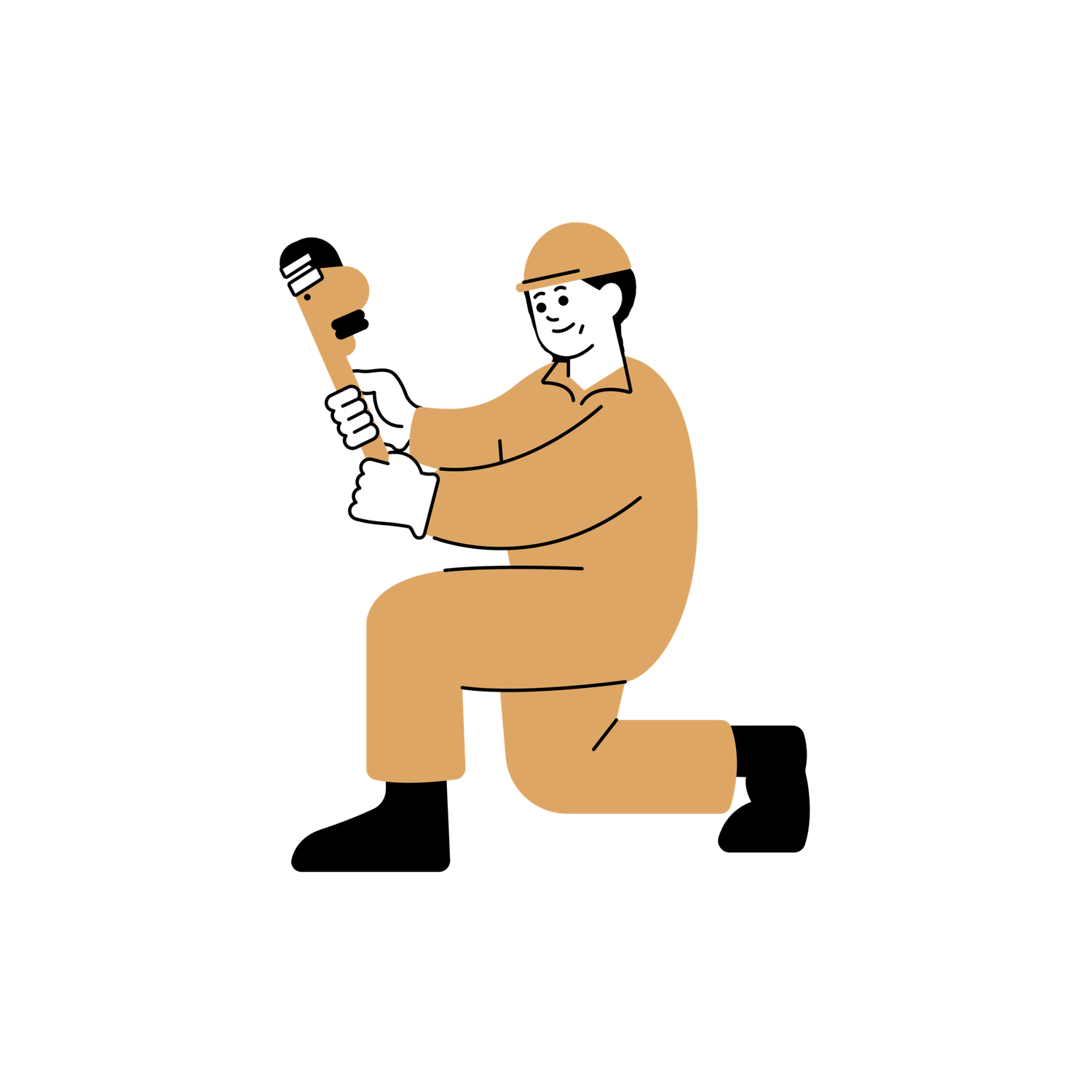 A cartoon illustration of a smiling pool repair guy an orange uniform kneeling and holding a pipe wrench.