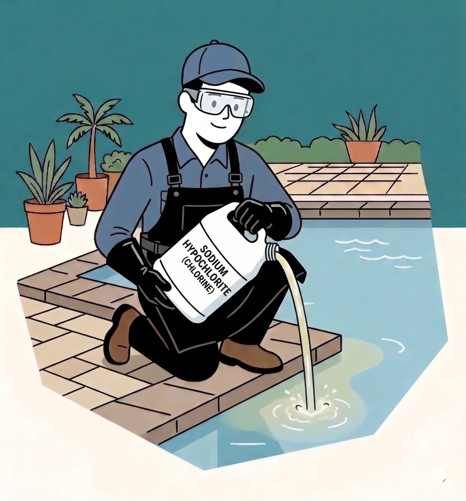 Illustration of a man pouring sodium hypochlorite into a swimming pool while wearing safety goggles and gloves.