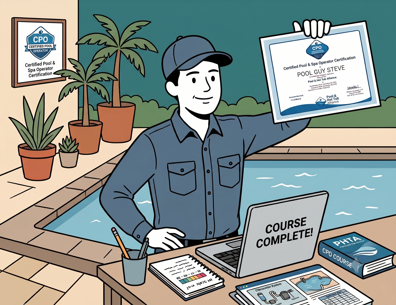Pool technician holding a PHTA CPO certification beside laptop showing course complete screen near swimming pool.