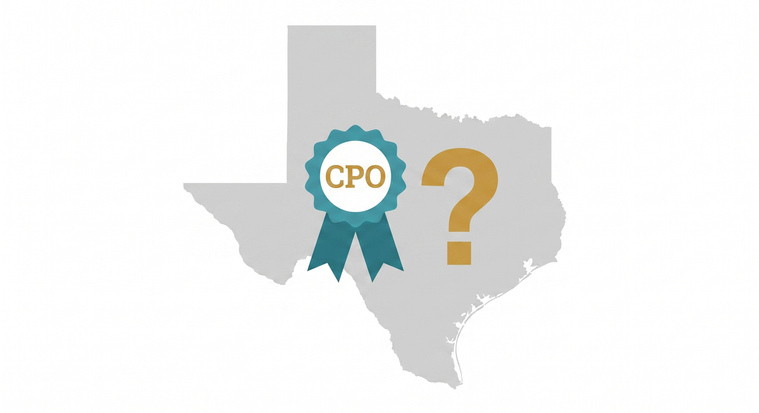 Texas state map outline with a CPO certification badge, PHTA CPO Pool certification across the state of Texas.