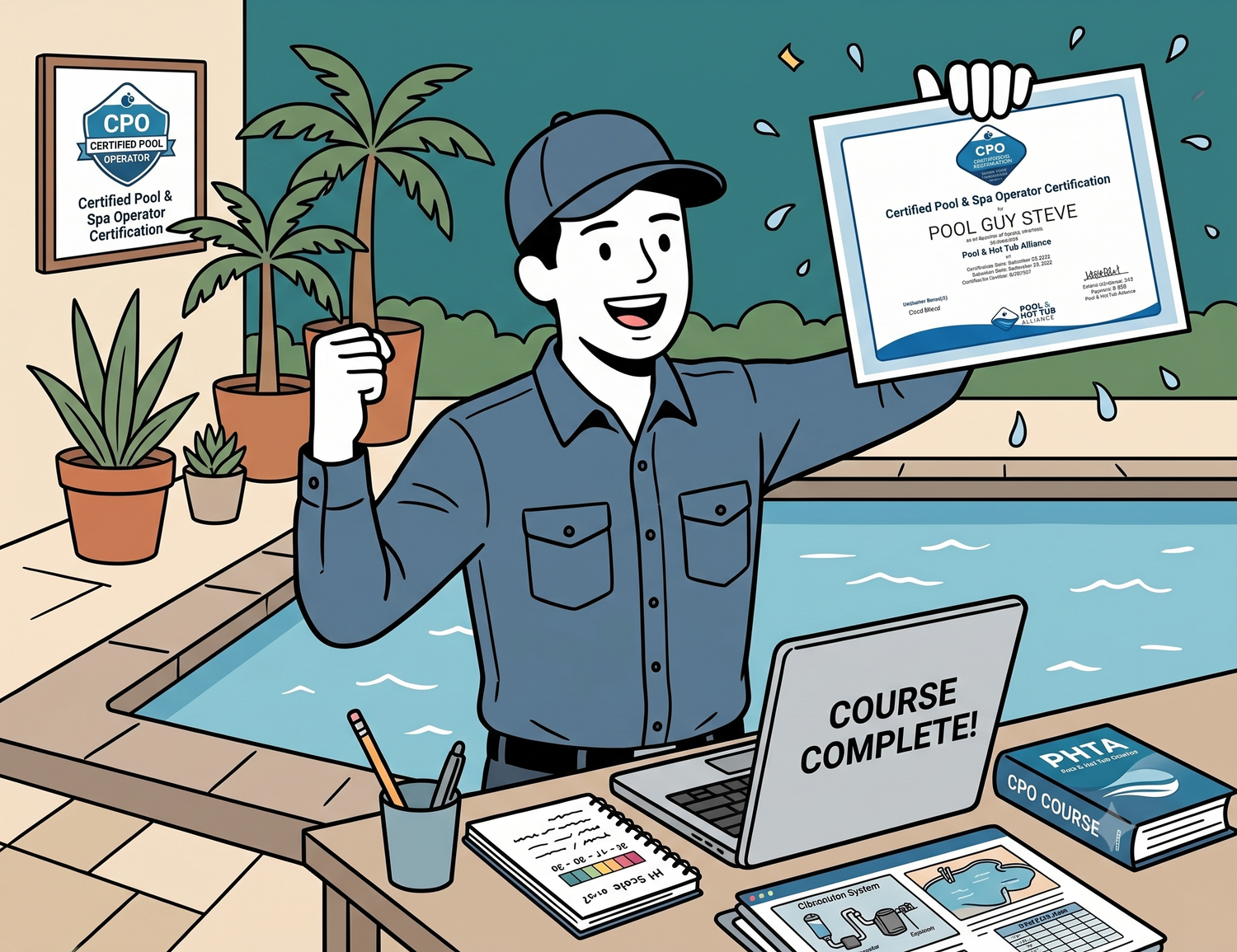 Pool technician celebrating PHTA CPO certification with diploma, laptop showing course complete, poolside setting.
