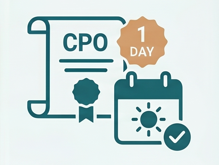 CPO certification diploma with a 1-day calendar icon, featuring a sun and checkmark, on a light background.
