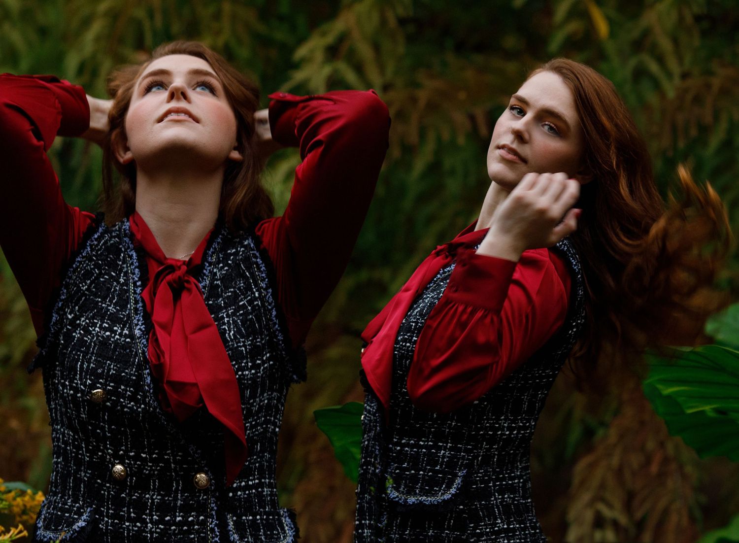 Young woman in red blouse and tweed vest poses outdoors among green foliage in a dual-photo collage.