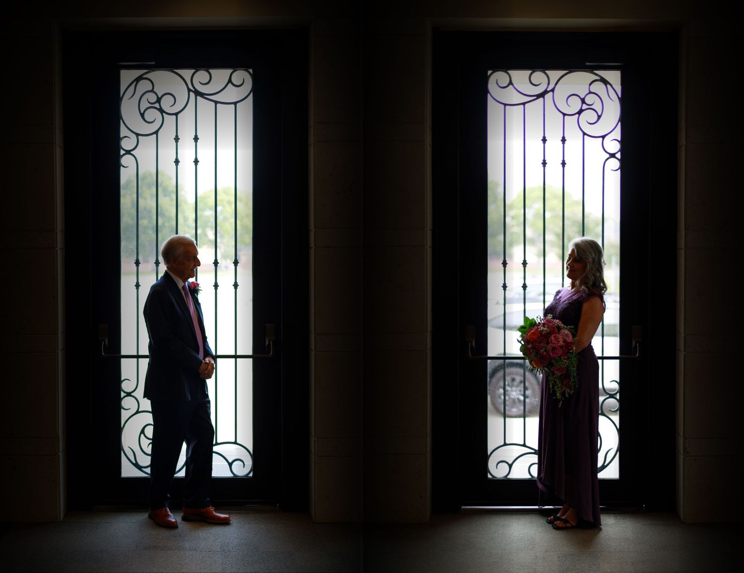 Bride and groom silhouetted in elegant doorways with ornate iron doors before their wedding ceremony.