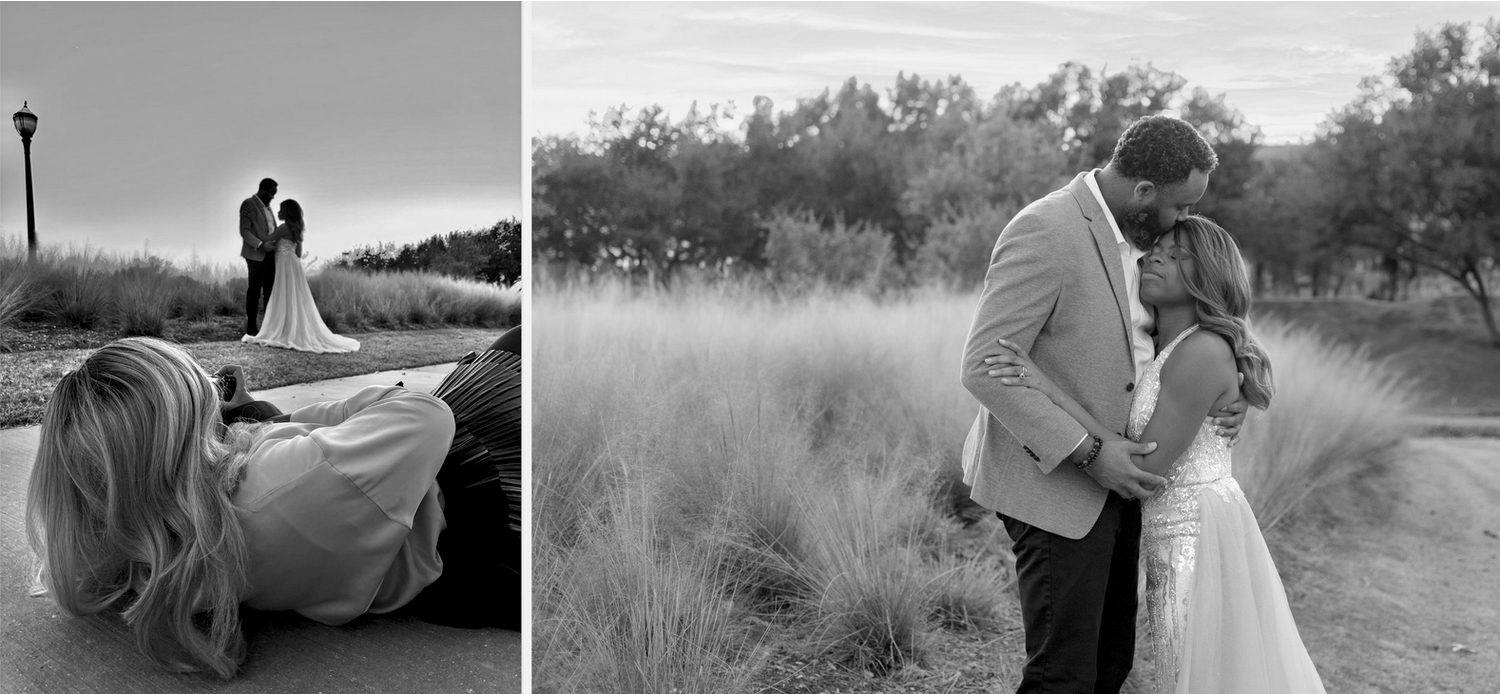 Black and white diptych of a bride and groom sharing romantic moments in a scenic outdoor setting.