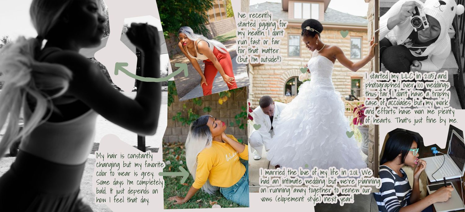 Wedding photo collage featuring bride in white gown with handwritten notes and candid moments.