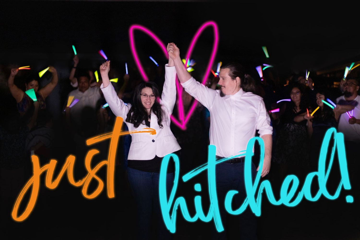 Wedding celebration with colorful light painting effects and 'just hitched' text overlay.
