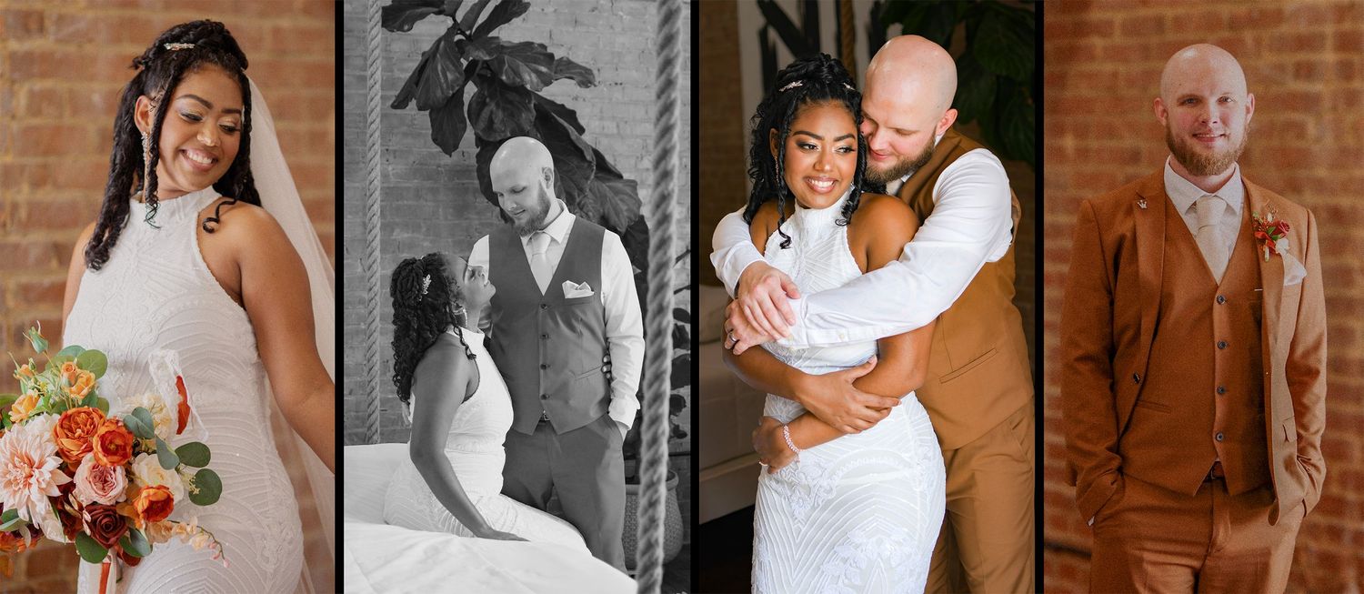 Wedding collage featuring Black bride in white gown and groom in tan suit at brick venue.