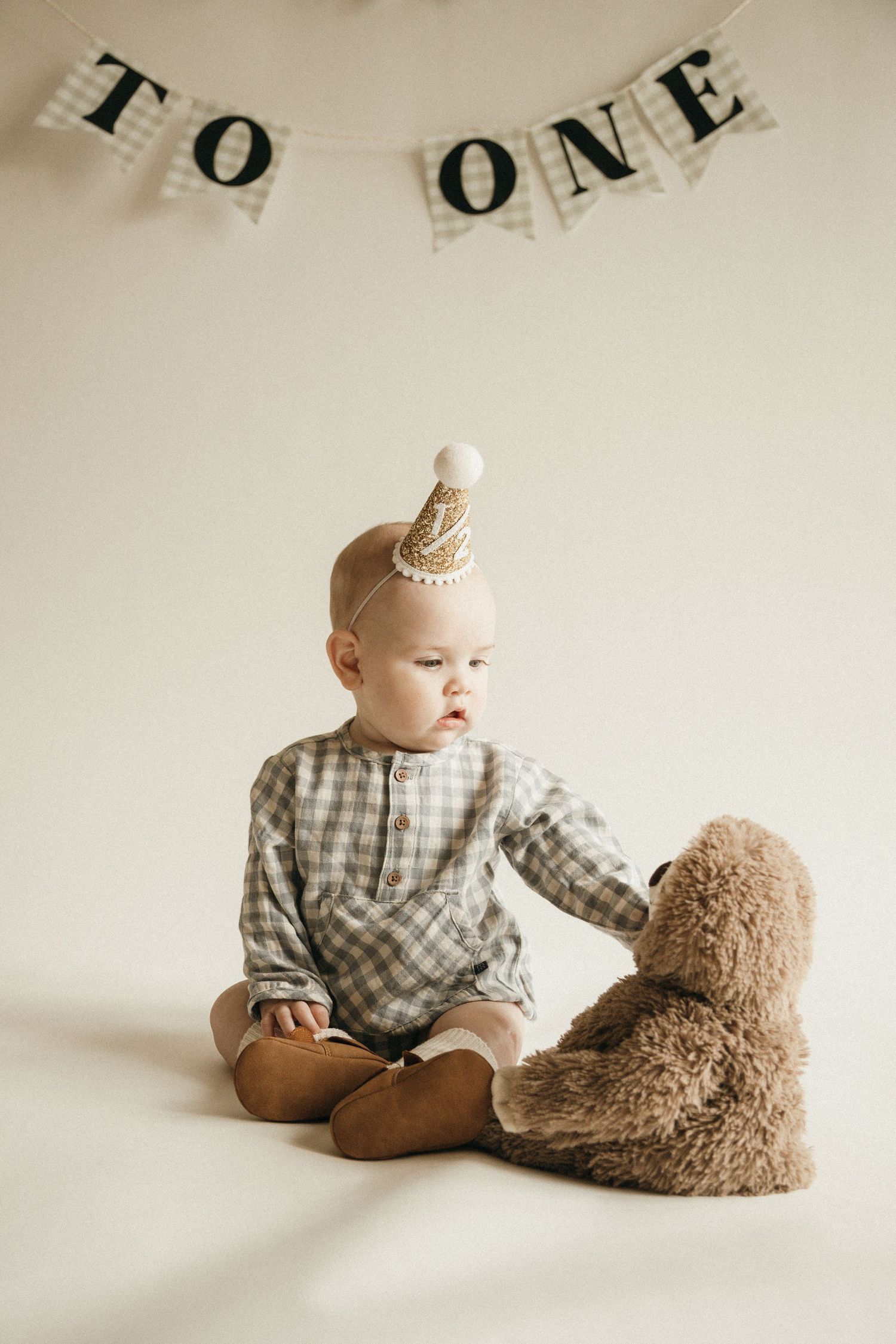 Baby in plaid outfit and party hat sits with teddy bear under a 'To One' banner on first birthday.