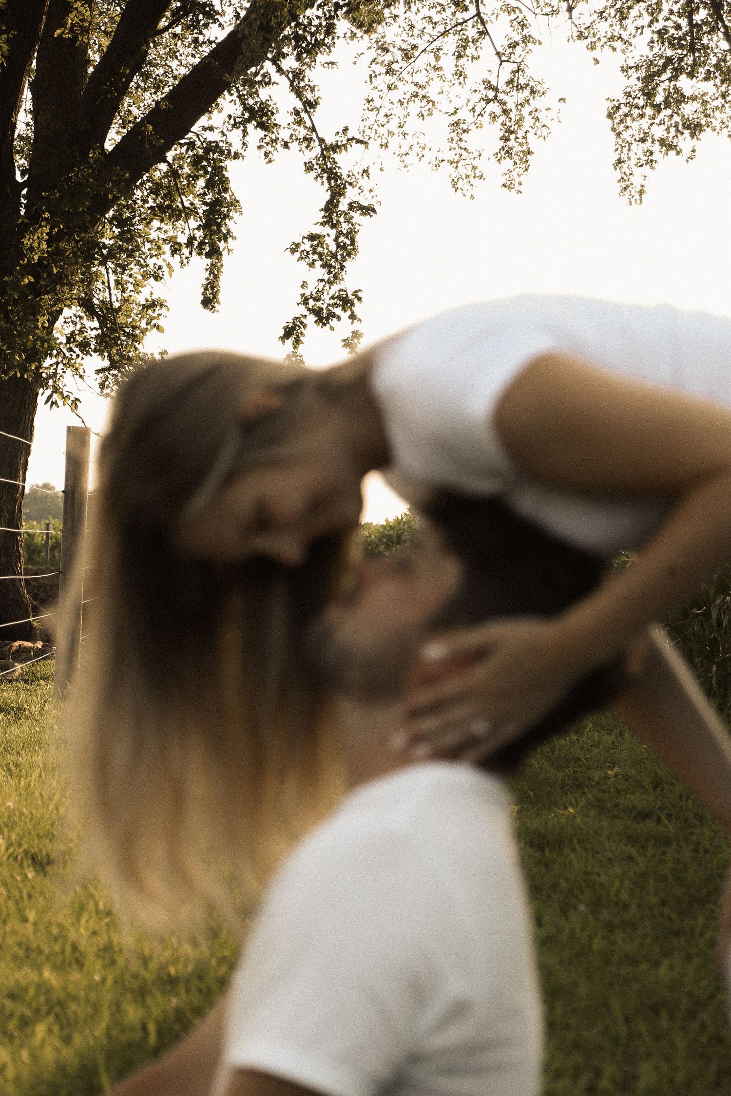 Artistic portrait of couple embracing under tree branches in warm sunset light.