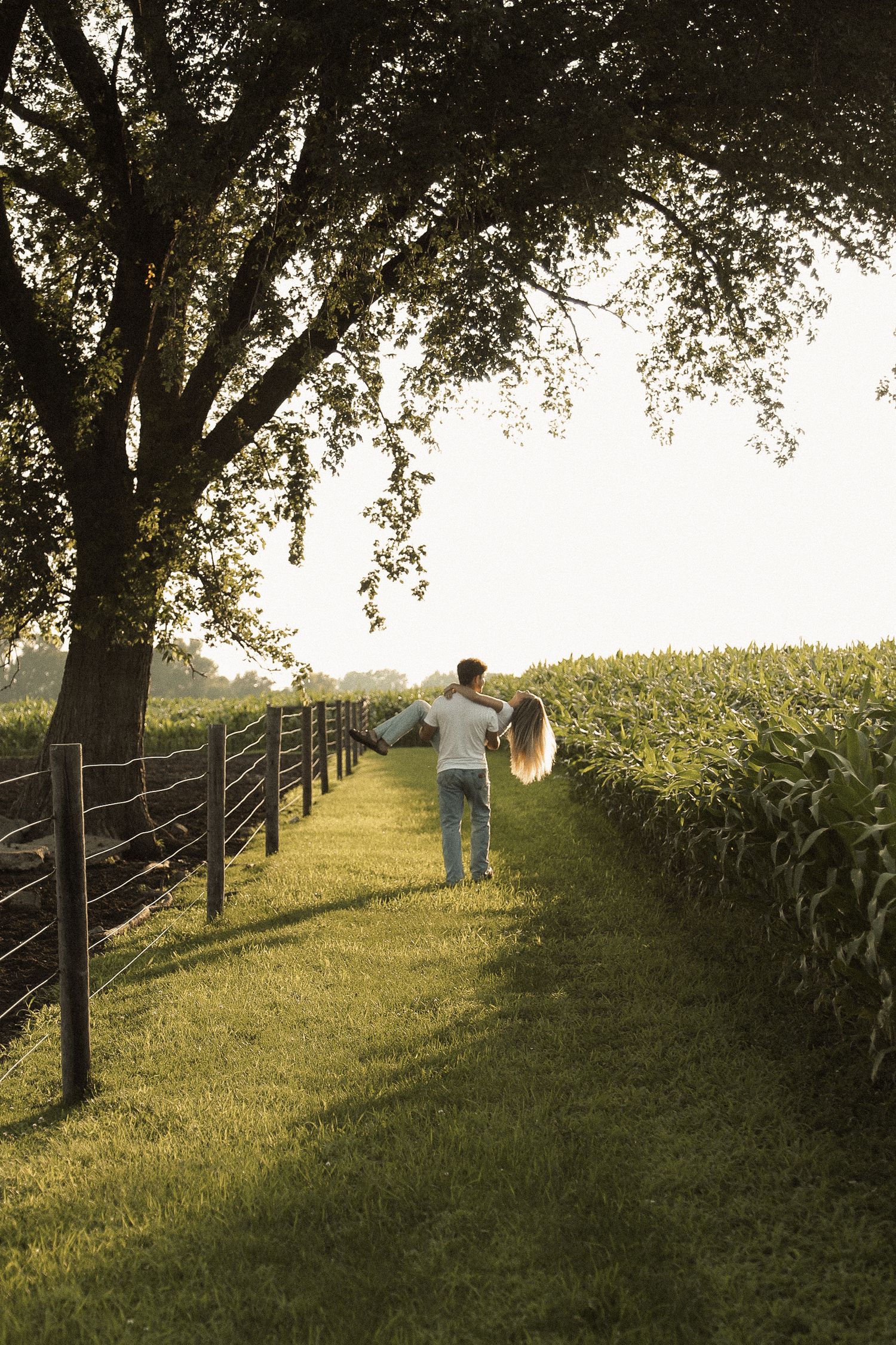 Two people walking along a fence line beside a cornfield at golden hour.