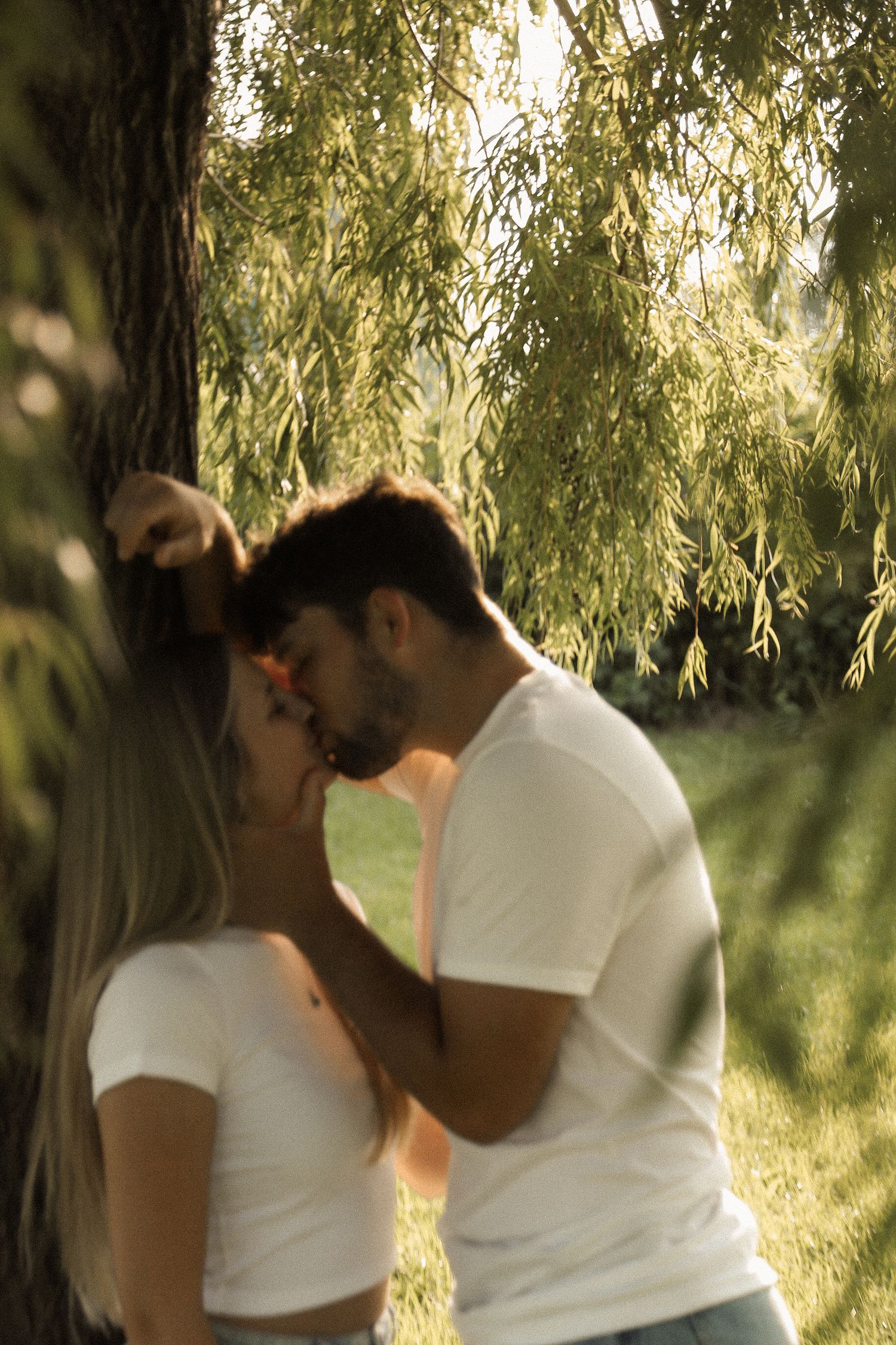 Romantic sequence of a couple sharing tender moments under drooping willow branches.