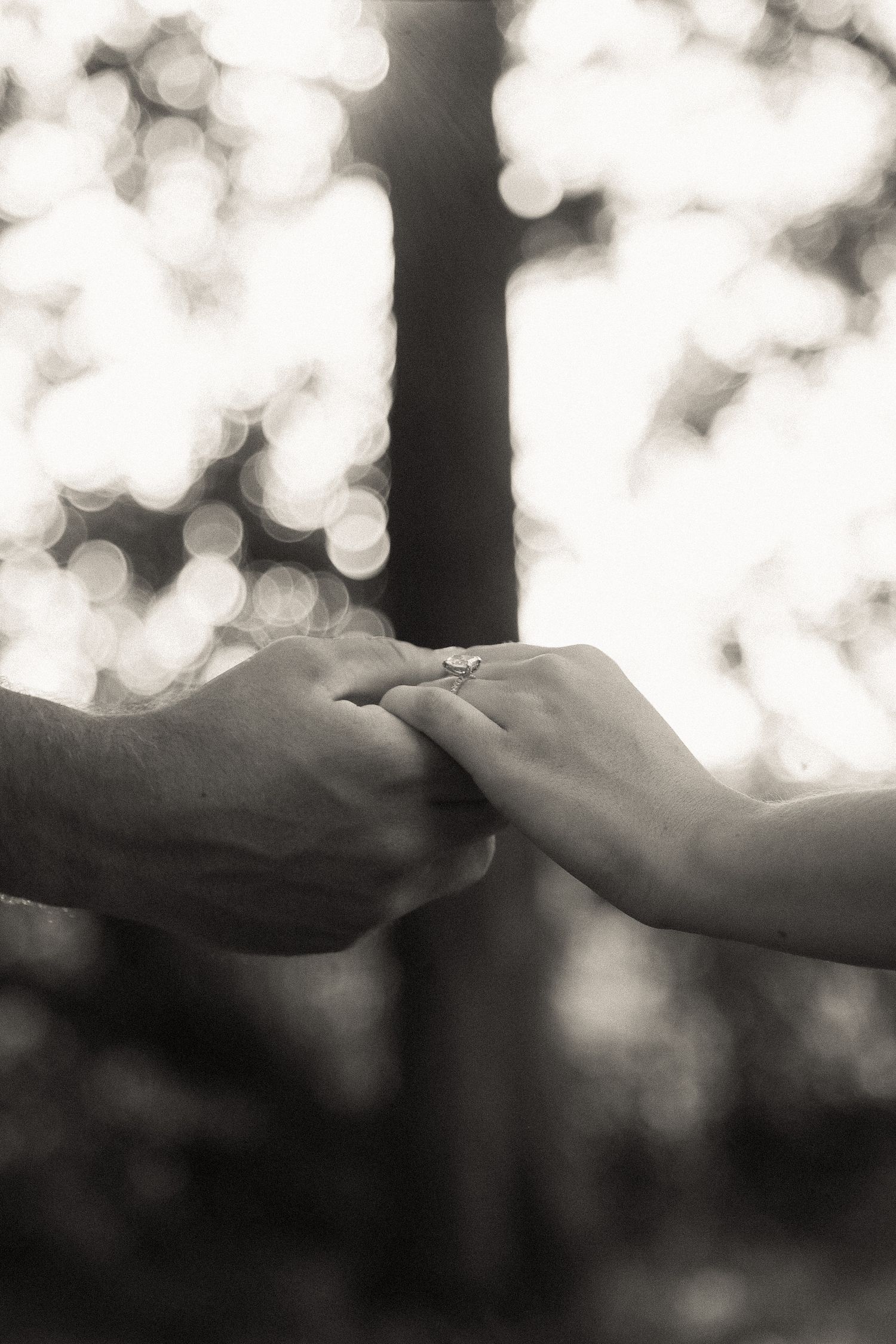 Close-up black and white image of two hands reaching toward each other against a blurred bokeh background.