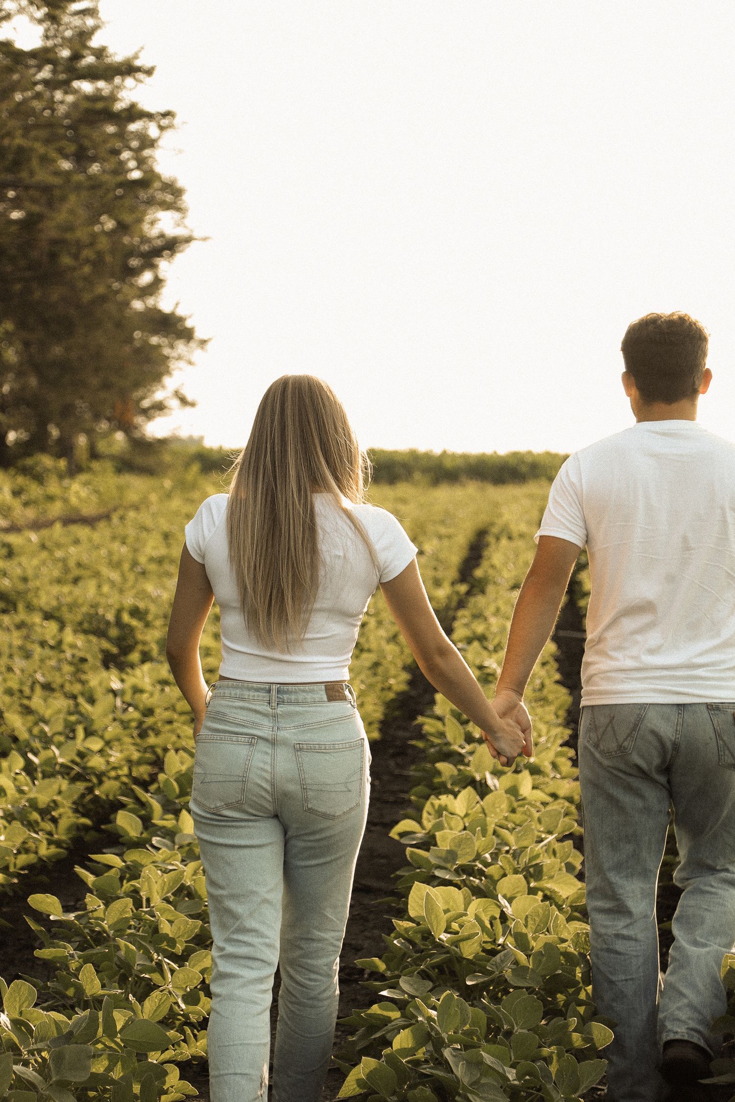 Back view of couple walking through lush garden at golden hour.