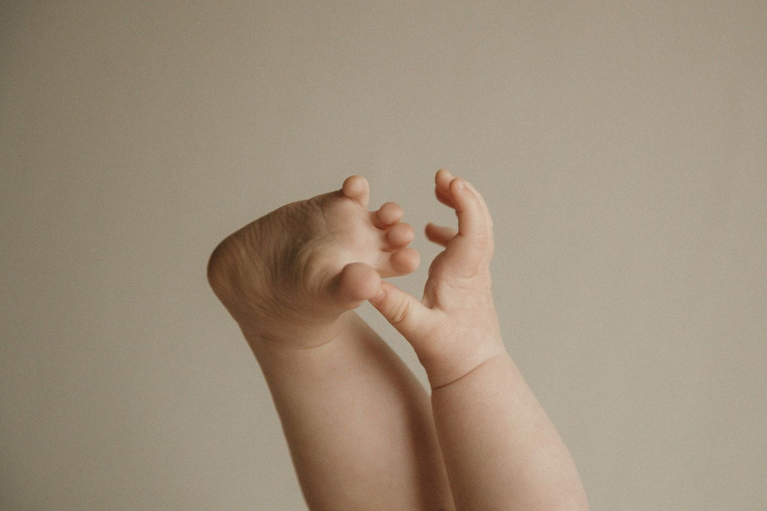 Close-up of a newborn baby's tiny hands raised up against a soft beige background.