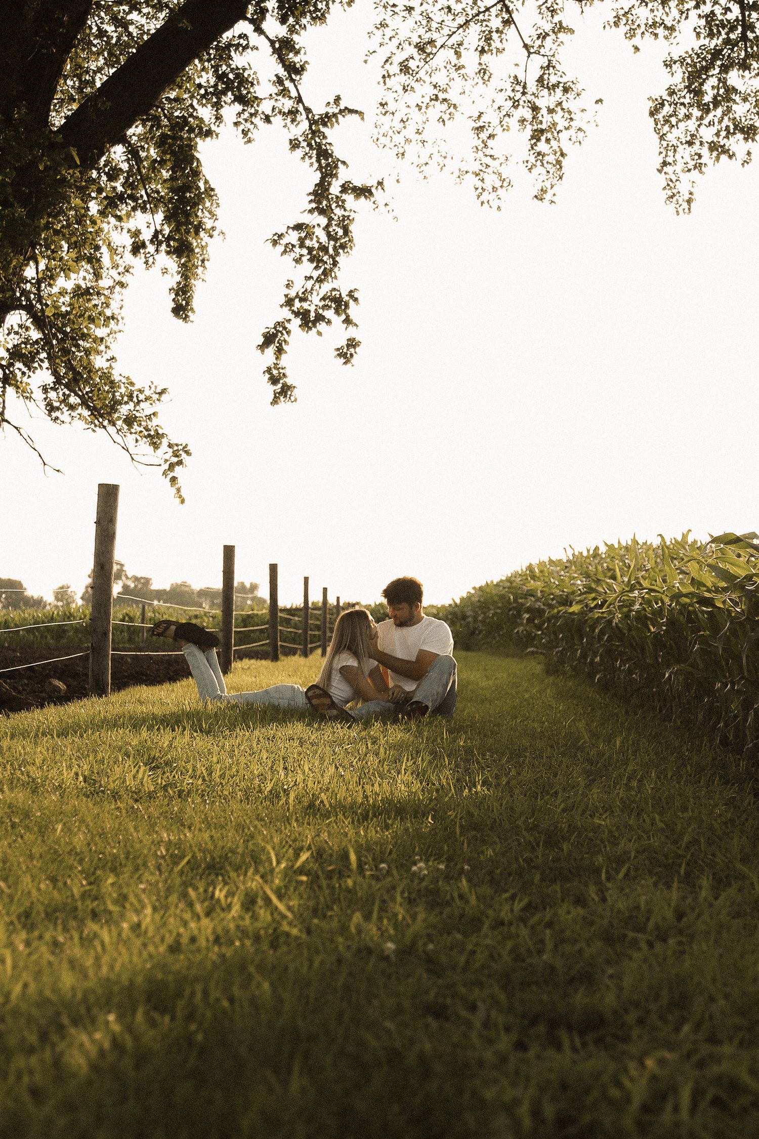 Two people relax on a grassy hillside under trees during golden hour.