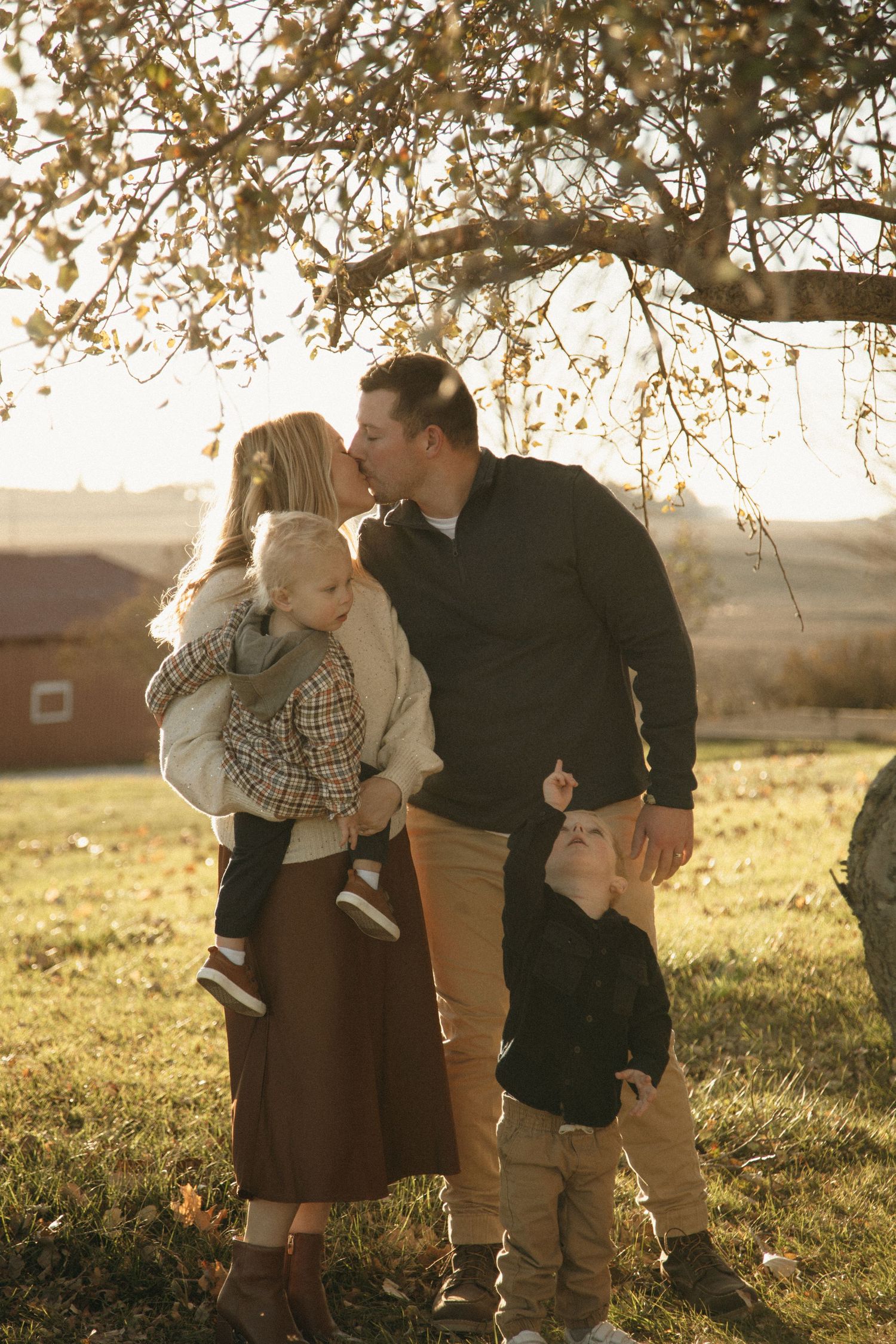 A family plays together in a golden sunlit field during sunset near a rustic barn.