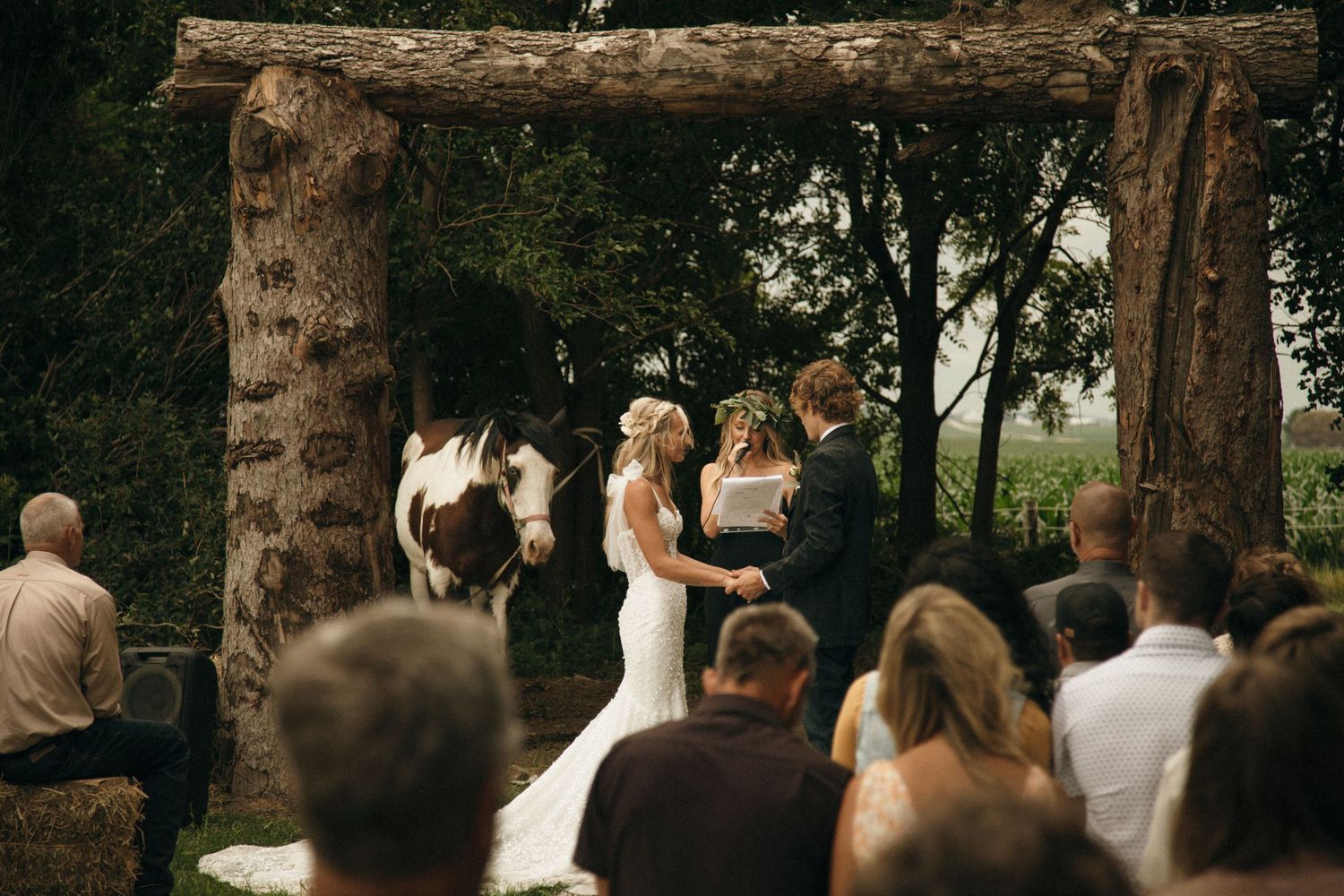 Outdoor rustic wedding ceremony with bride and groom at wooden arch altar, guests seated, and a painted horse in background.