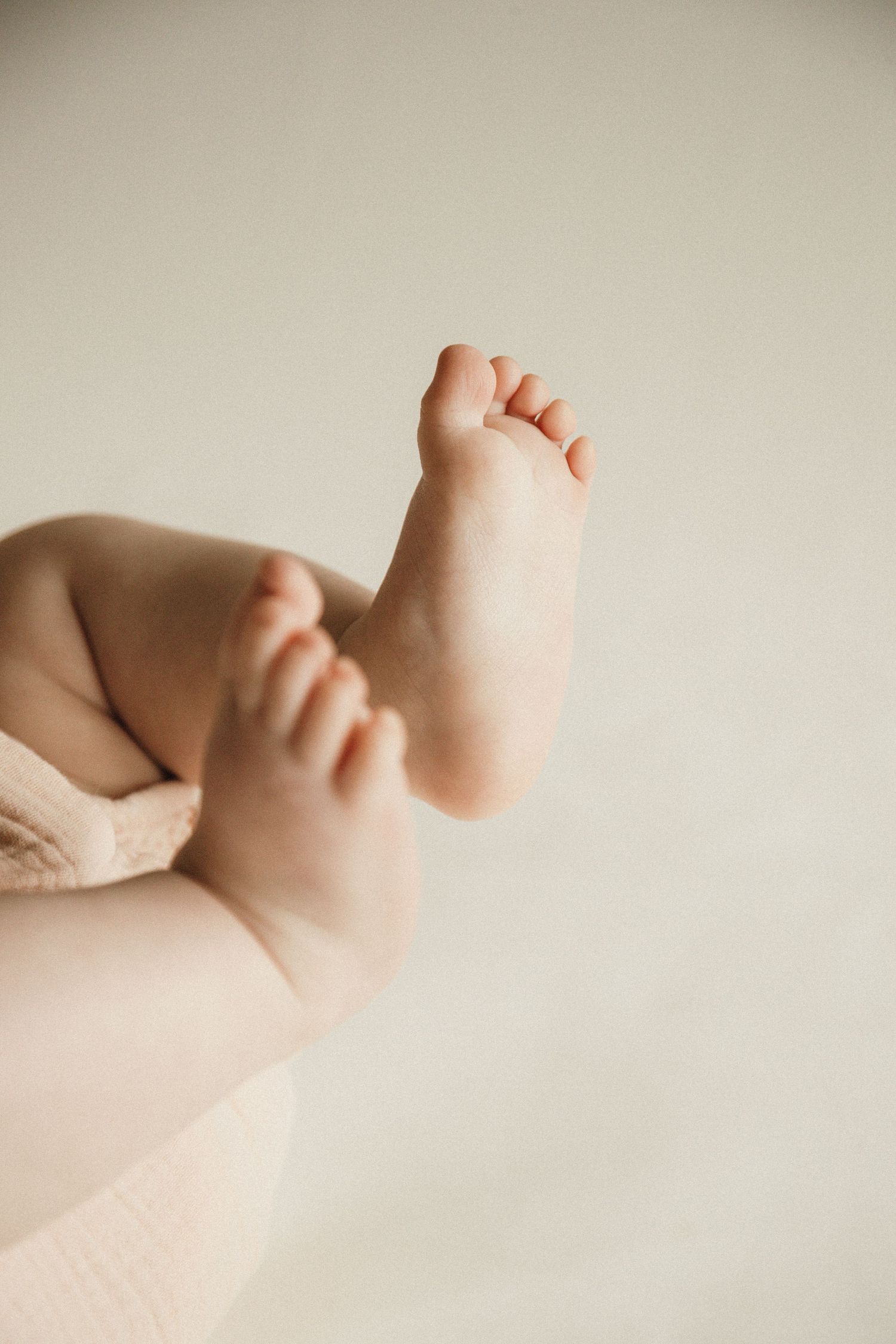 Close-up of tiny newborn baby feet held gently against a soft neutral background.