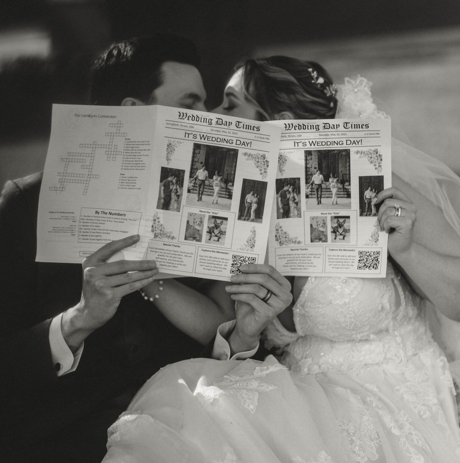 Black and white photo of bride and groom kissing behind a Wedding Day Times newspaper on their wedding day.
central Illinois