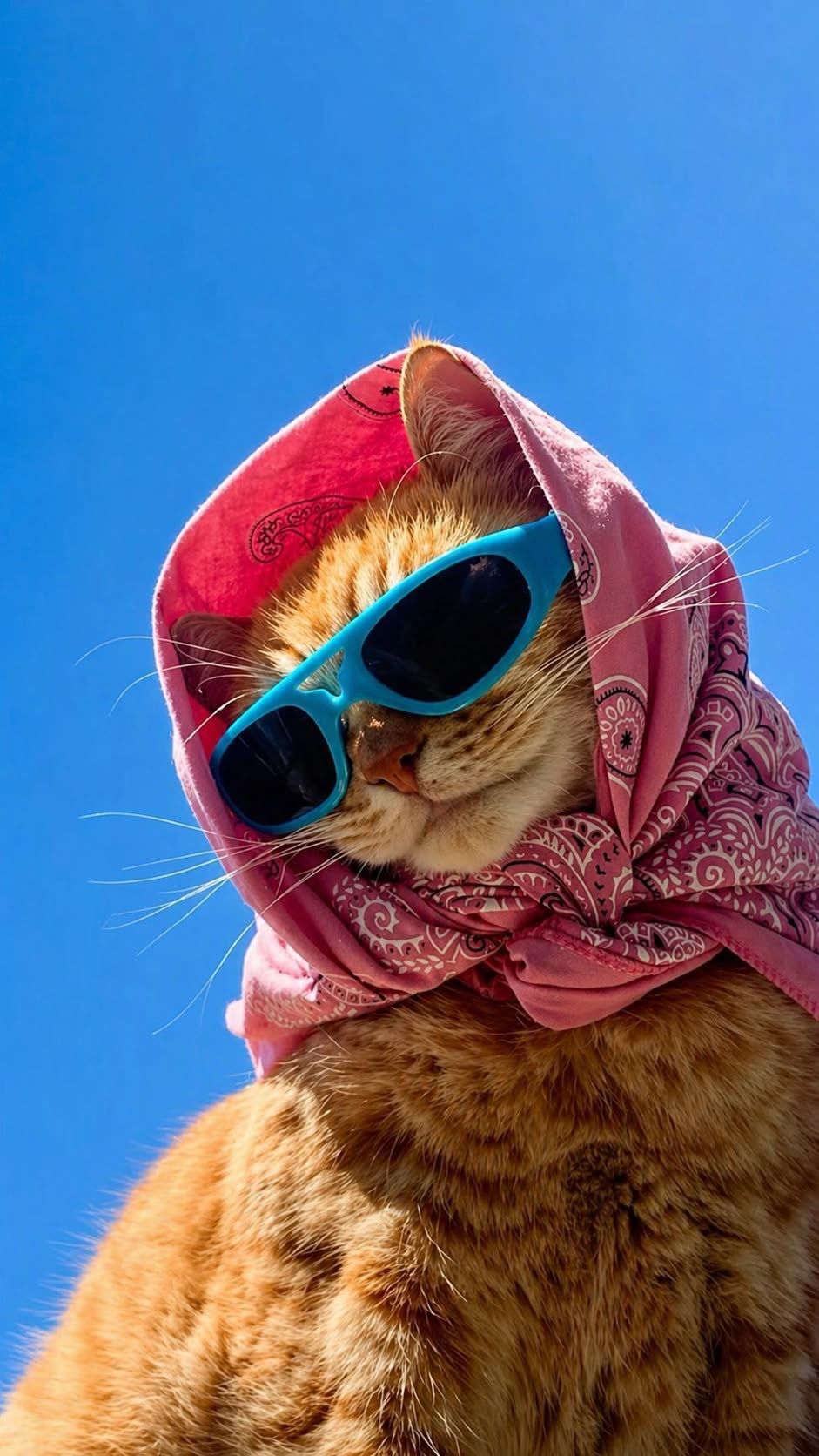Orange tabby cat wearing blue sunglasses and pink paisley bandana headscarf posed against bright blue sky.