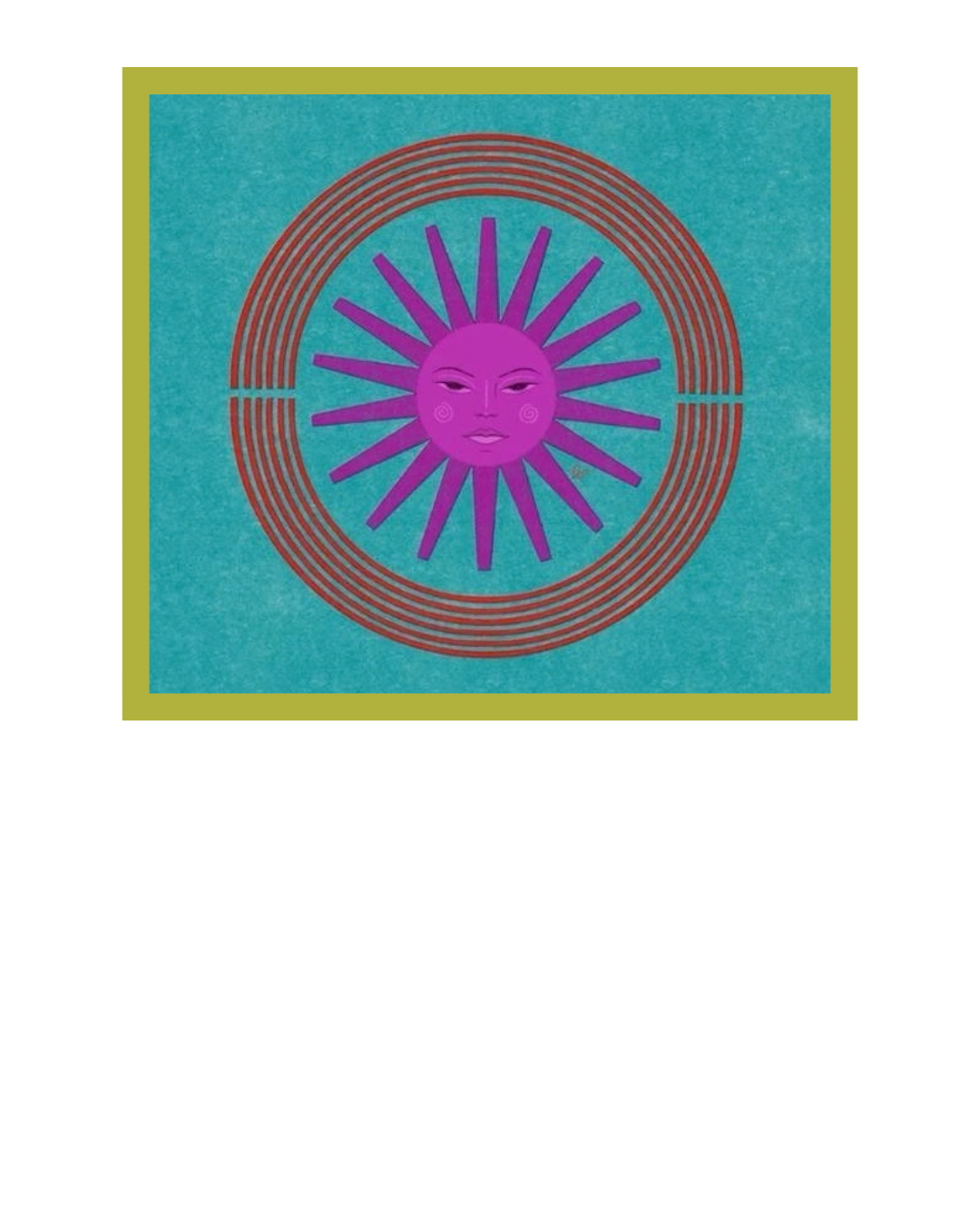 Vibrant purple sun face with rays inside concentric brown circles on teal background with yellow-green border.