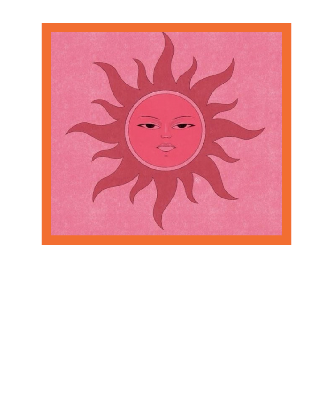 Pink and orange art print featuring a stylized sun with a human face, surrounded by decorative flame-like rays.