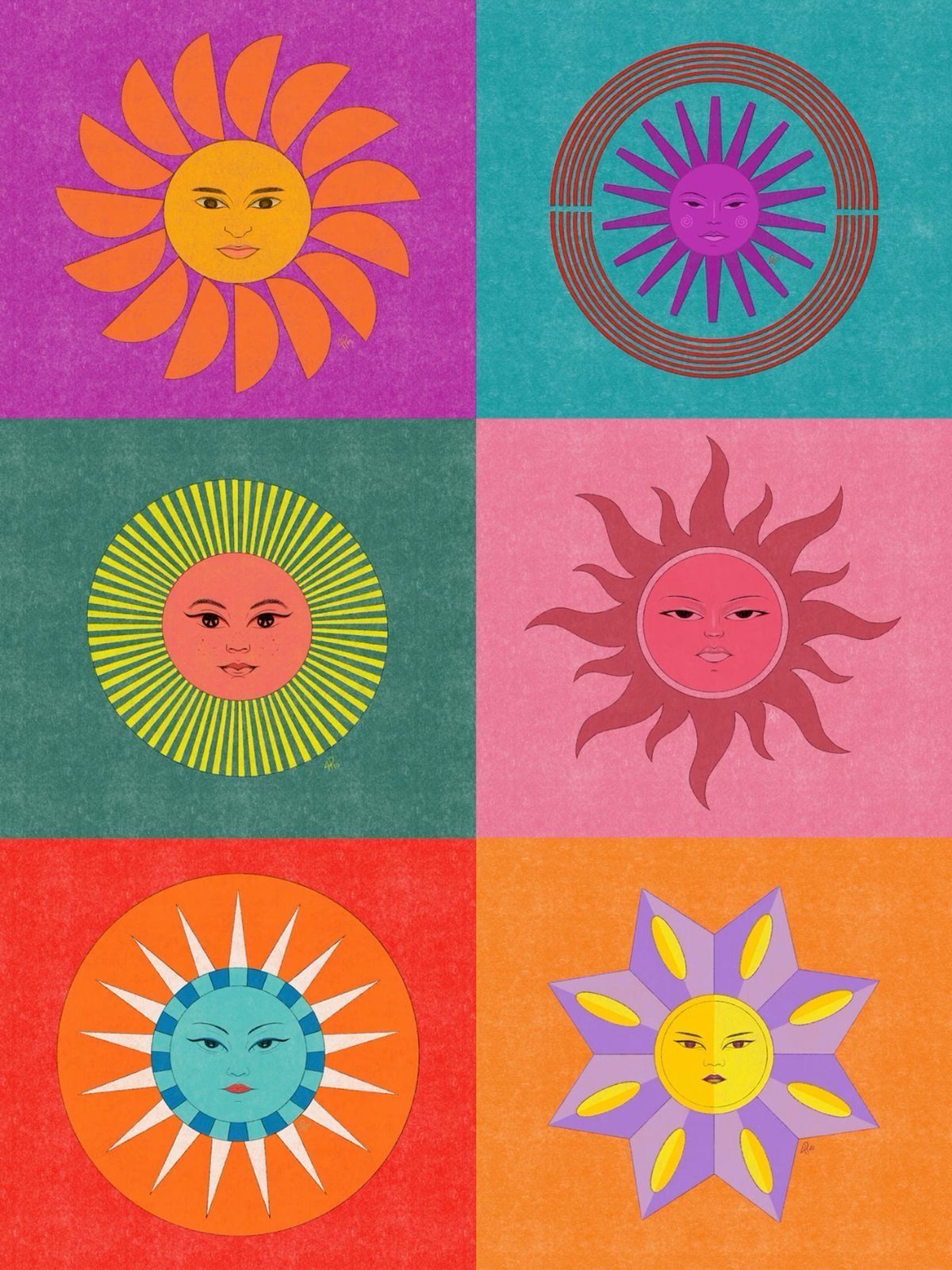 Six colorful retro sun illustrations with faces on vibrant backgrounds in purple, teal, pink, red, and orange hues.