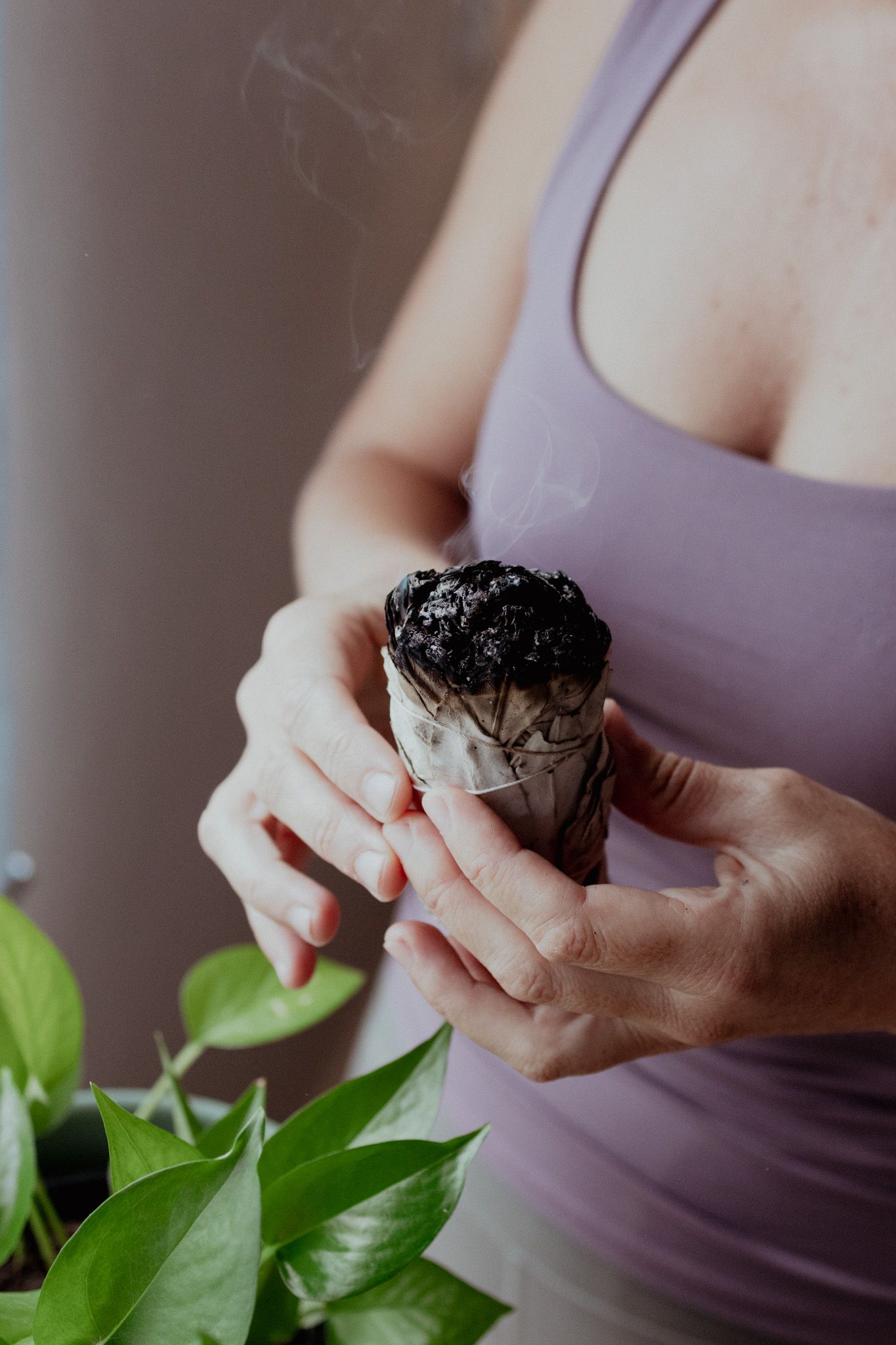 Hands holding natural crystals with green plants in foreground against soft lighting.