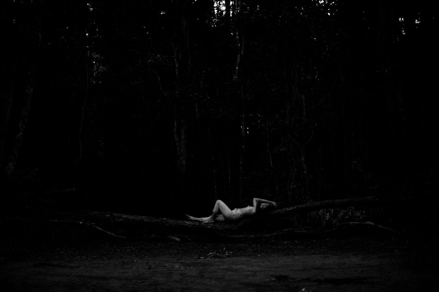 Dark atmospheric forest photograph with a figure lounging on fallen branches.