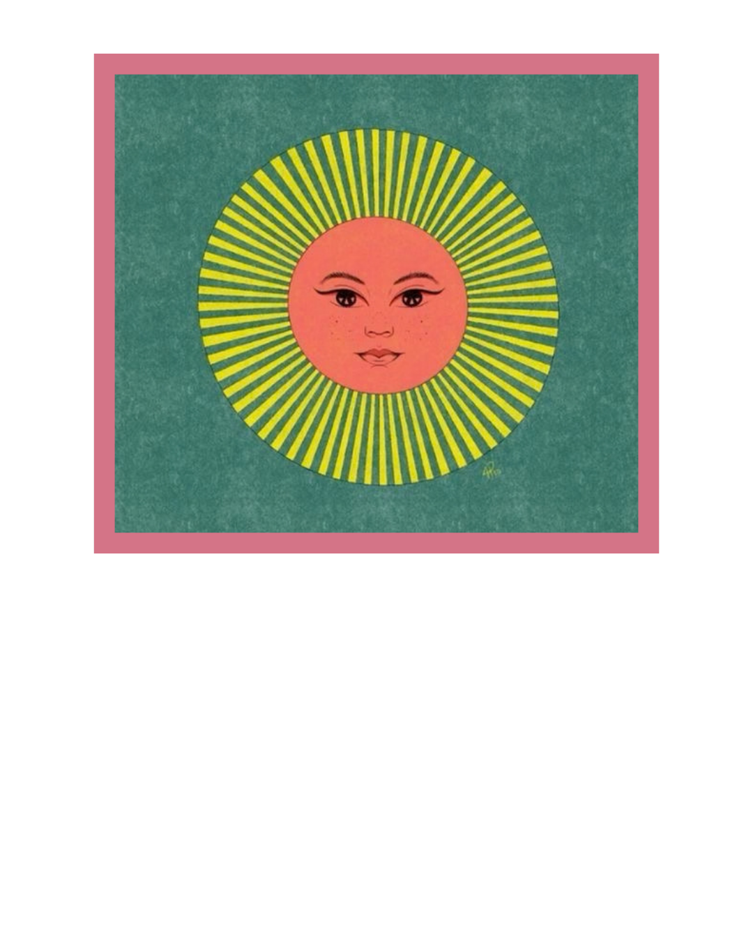 Vintage-style illustration of a smiling sun with a human face, yellow rays, on teal background with pink border.