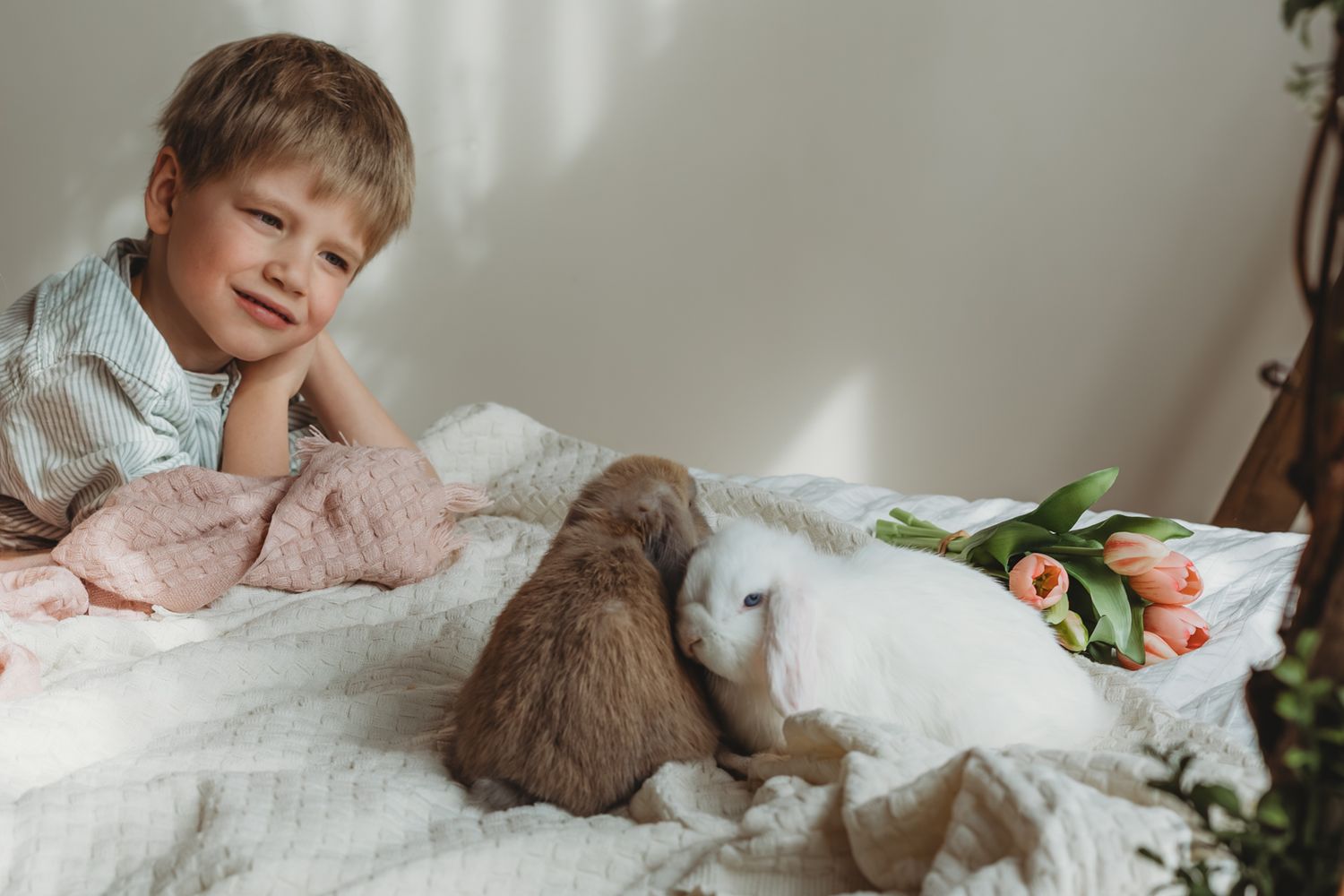 Young boy lying on white bed smiling at two rabbits with pink tulips nearby.