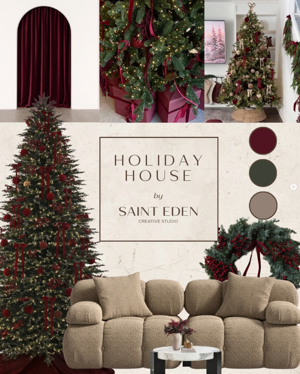 Holiday House Christmas mood board by Saint Eden Creative Studio featuring rich red and green decor with a decorated tree and cozy sofa.