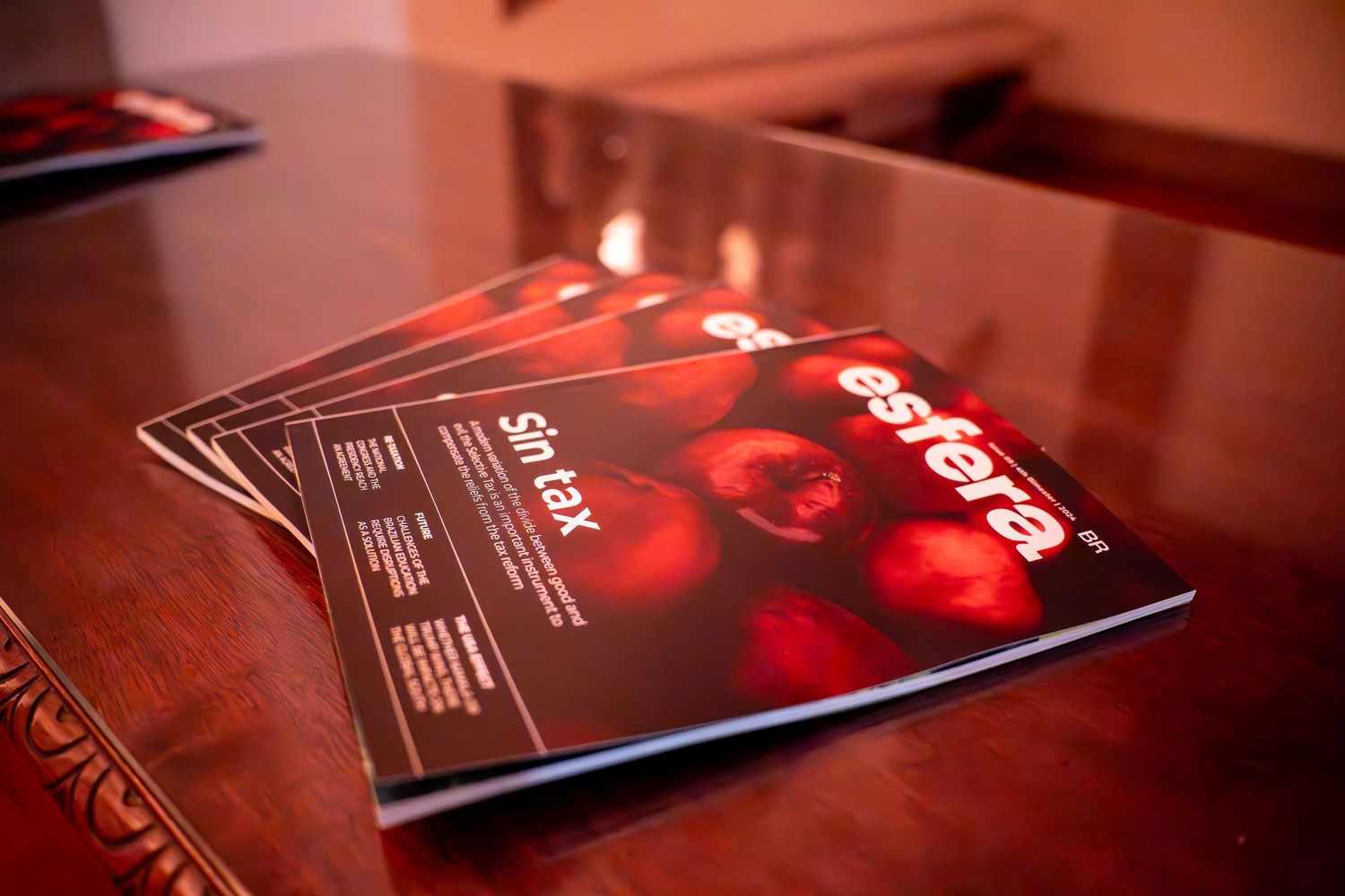 Multiple black brochures or magazines arranged on a dark surface with dramatic red lighting effects.