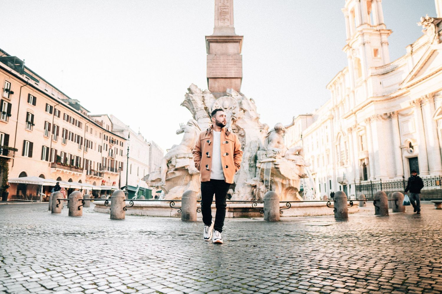 A series of cropped photos showing feet walking on cobblestone streets in an urban setting.