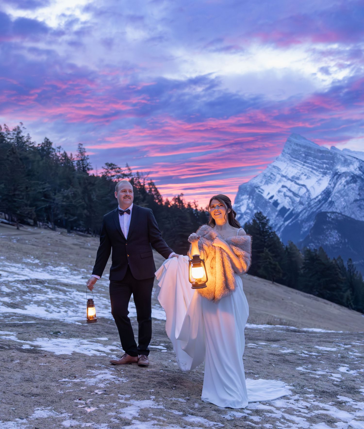 bride and groom elopement Banff National Park sunrise lanterns