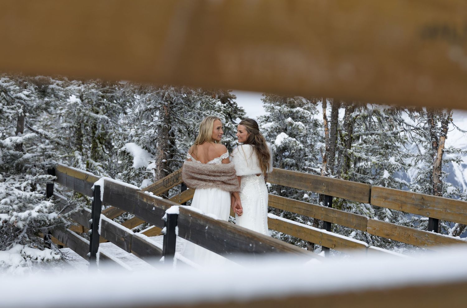 Bride and bride walking down the path Banff National Park