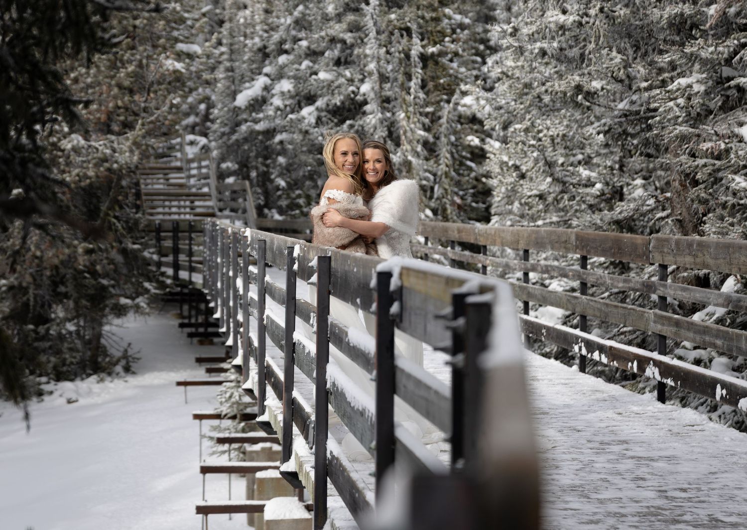 bride and bride walking Banff National Park