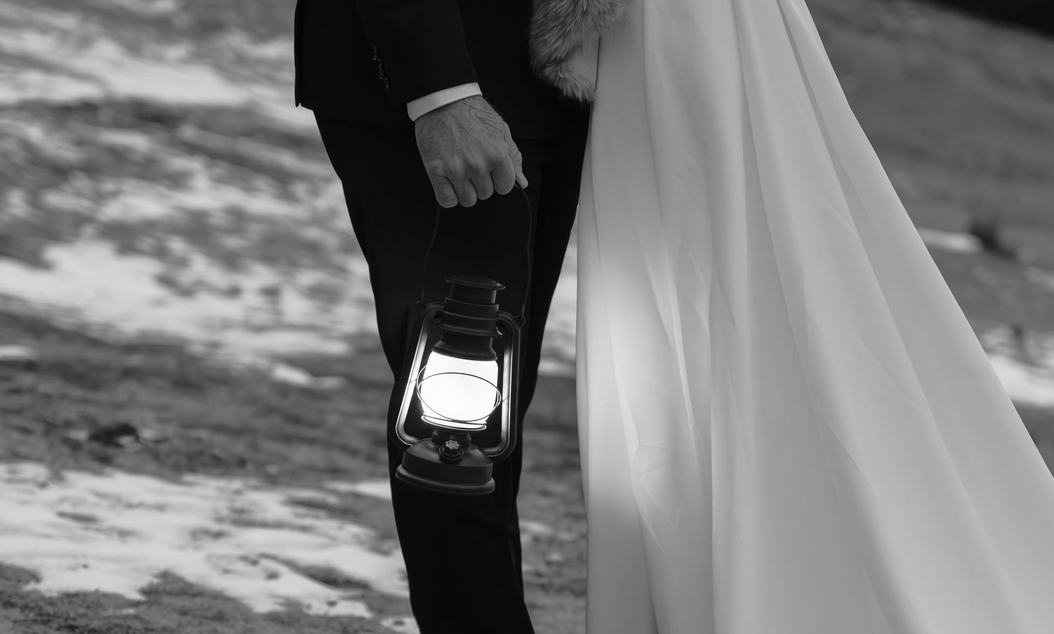 Bride and groom Banff national park lanterns