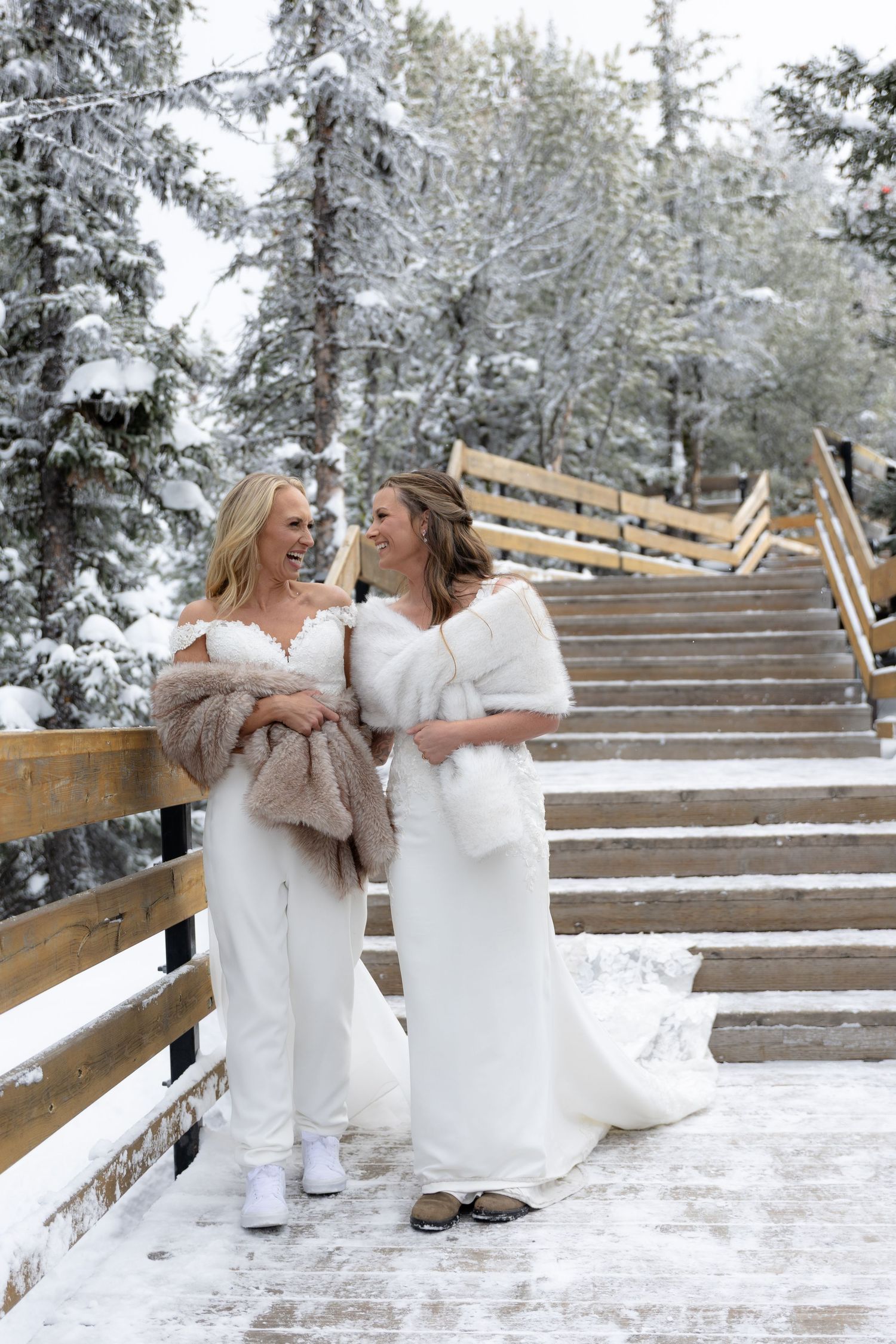 bride and bride walking Banff National Park