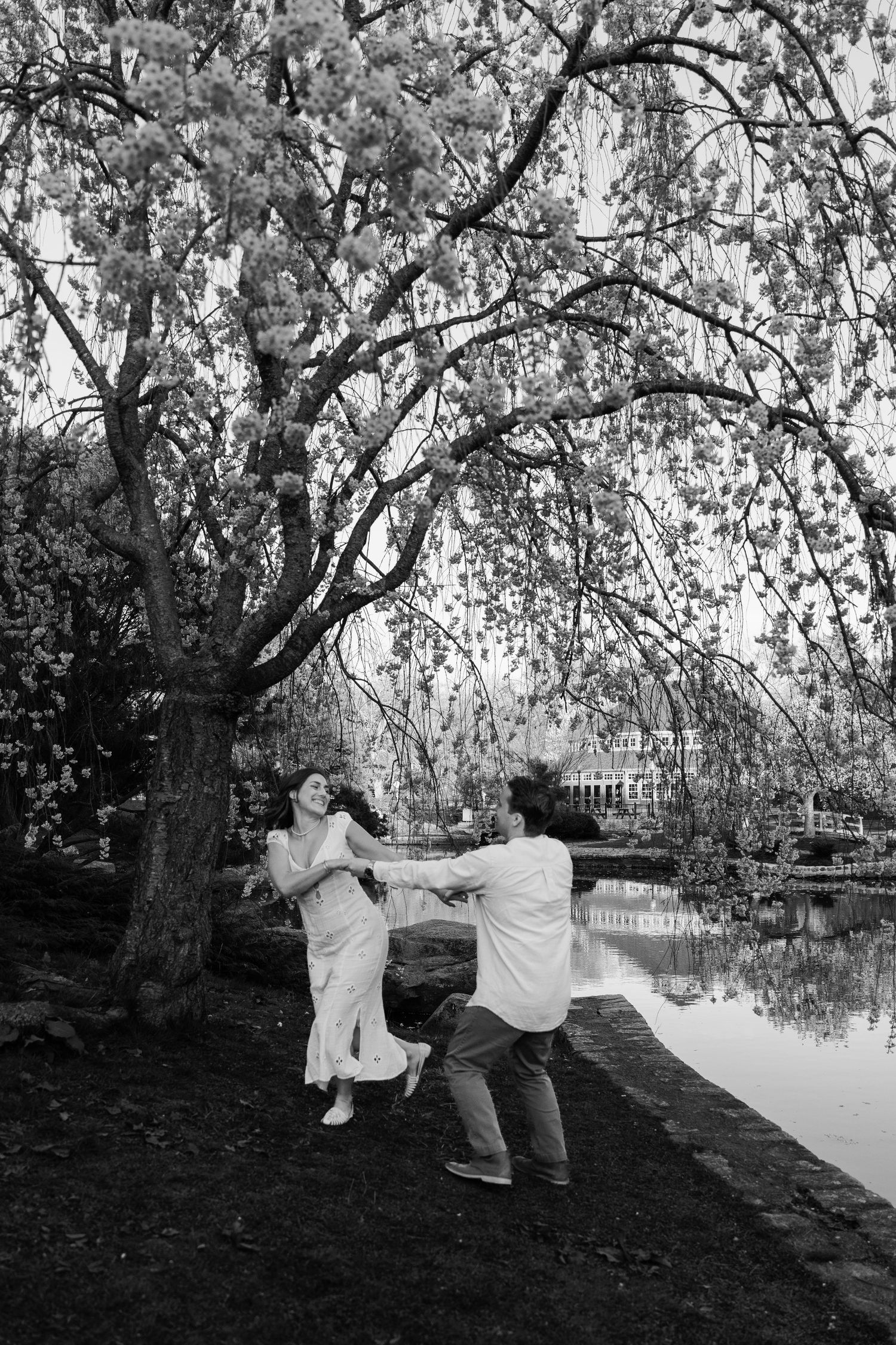 Couple dancing beneath flowering trees during an engagement session at the Japanese Garden in Roger Williams Park.