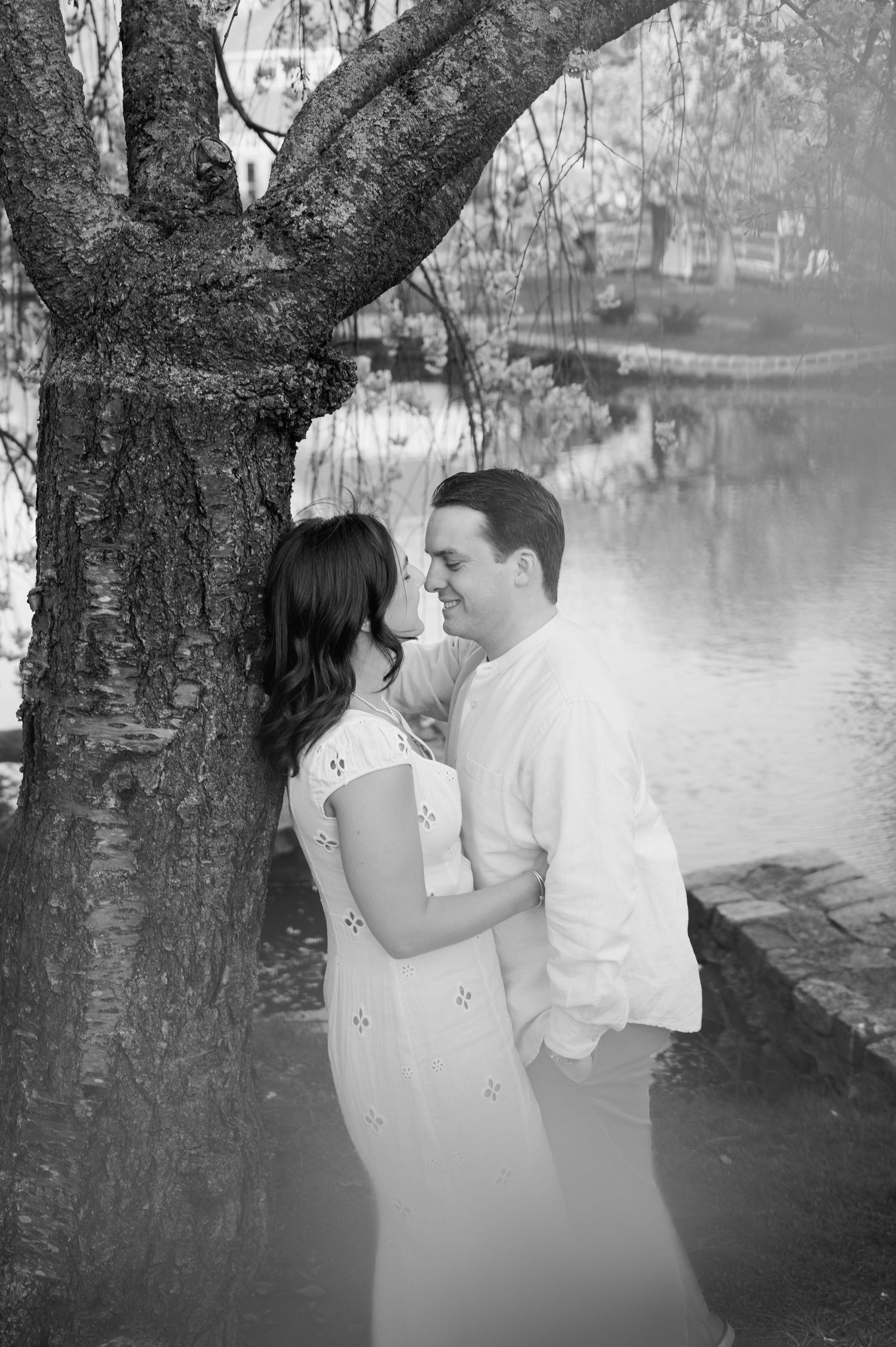 Black and white portrait of a couple embracing beneath a tree at the Japanese Garden in Roger Williams Park, Providence, Rhode Island.