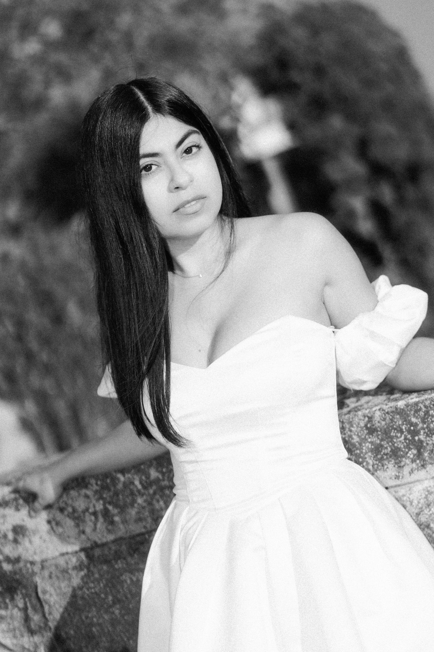 Black and white bridal-inspired portrait during a Connecticut engagement session at Harkness Memorial State Park.