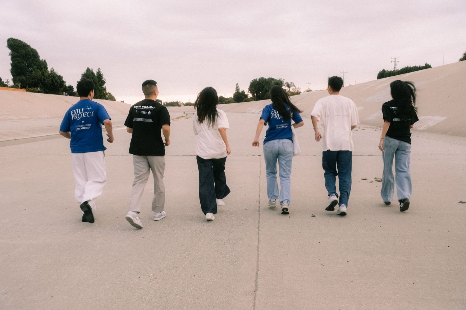 Group of six friends walking together from behind on a concrete path, wearing casual streetwear and jeans.