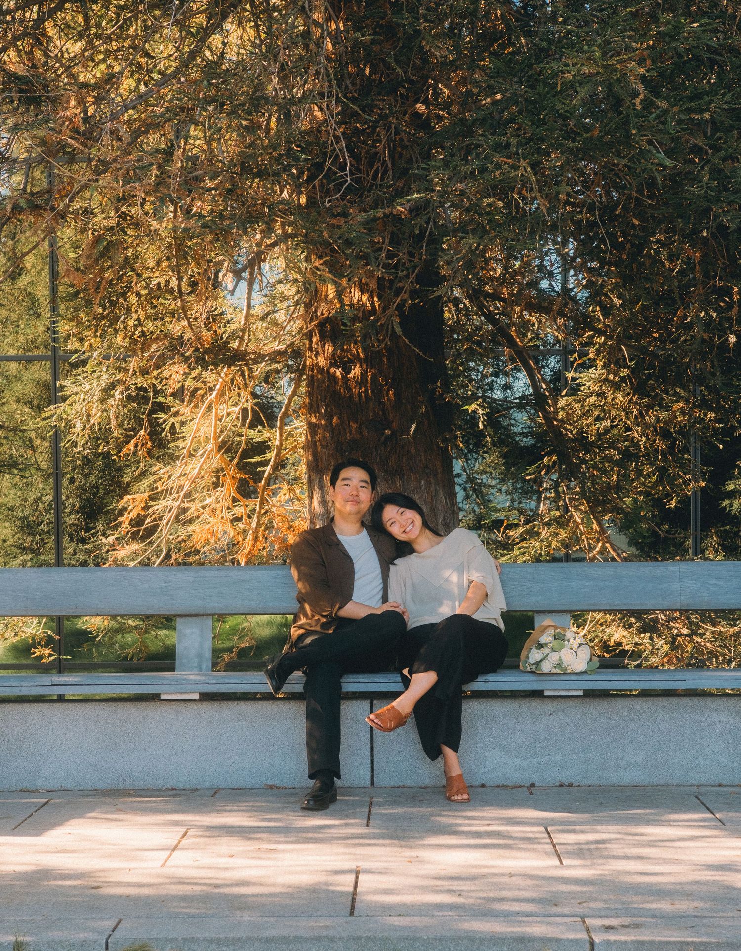 Couple sitting closely together on a stone bench beneath a large tree in warm sunlight.