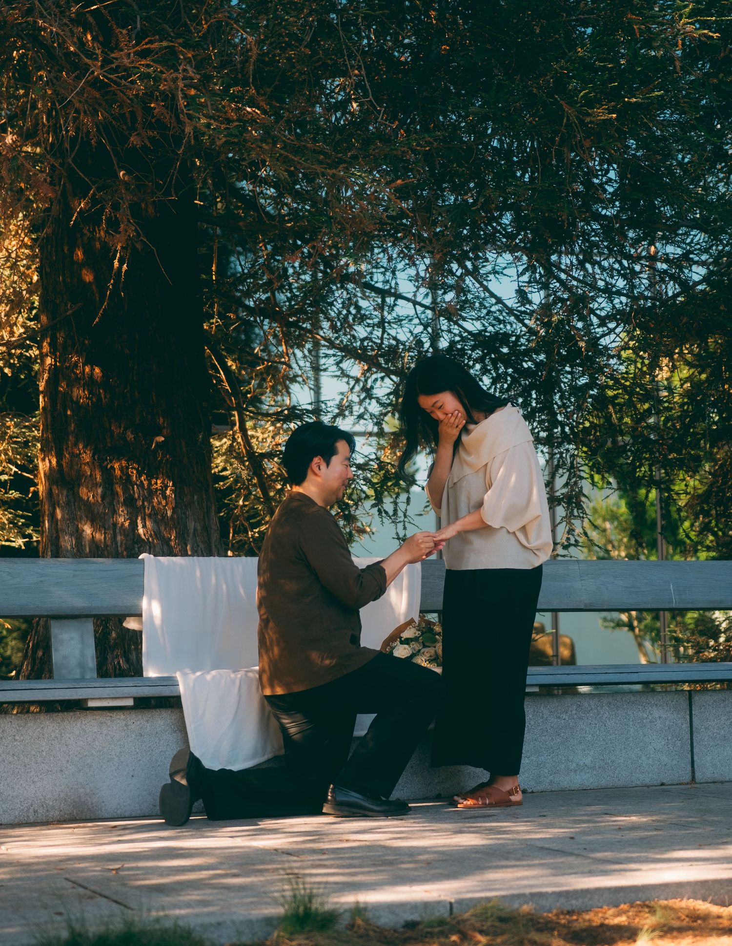Emotional marriage proposal moment as man on one knee presents ring to surprised woman in a park.