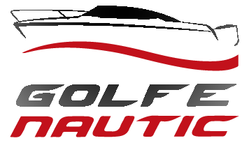 Golfe Nautic logo featuring a sleek motorboat silhouette above bold red and gray text on a white background.