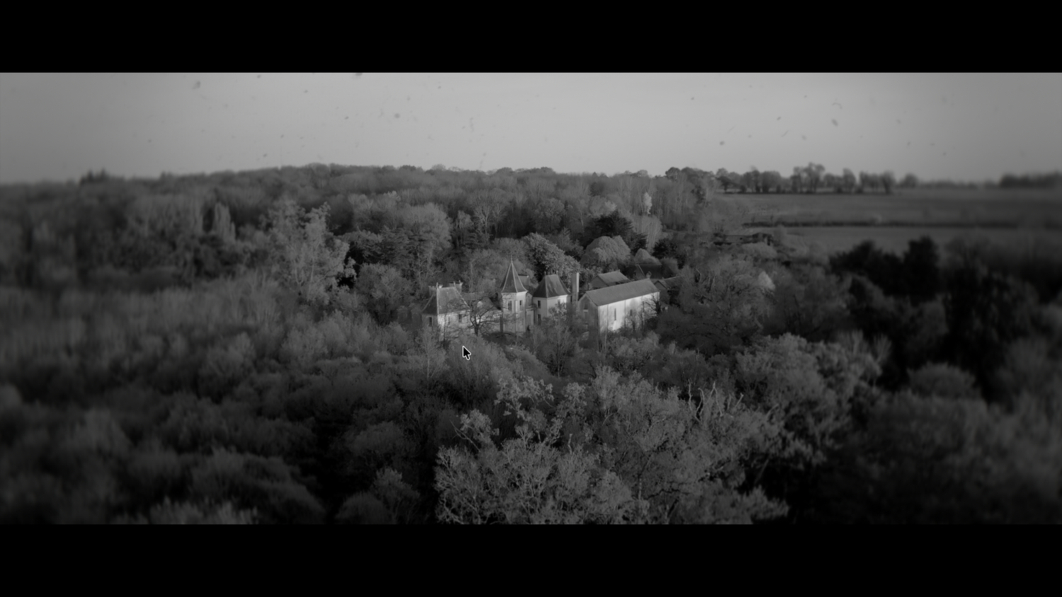 Aerial black and white view of a historic building surrounded by dense trees and lush greenery.