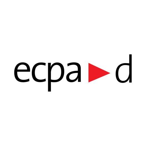 ECPAD logo featuring bold black lowercase text with a red play button triangle symbol between letters on white background.